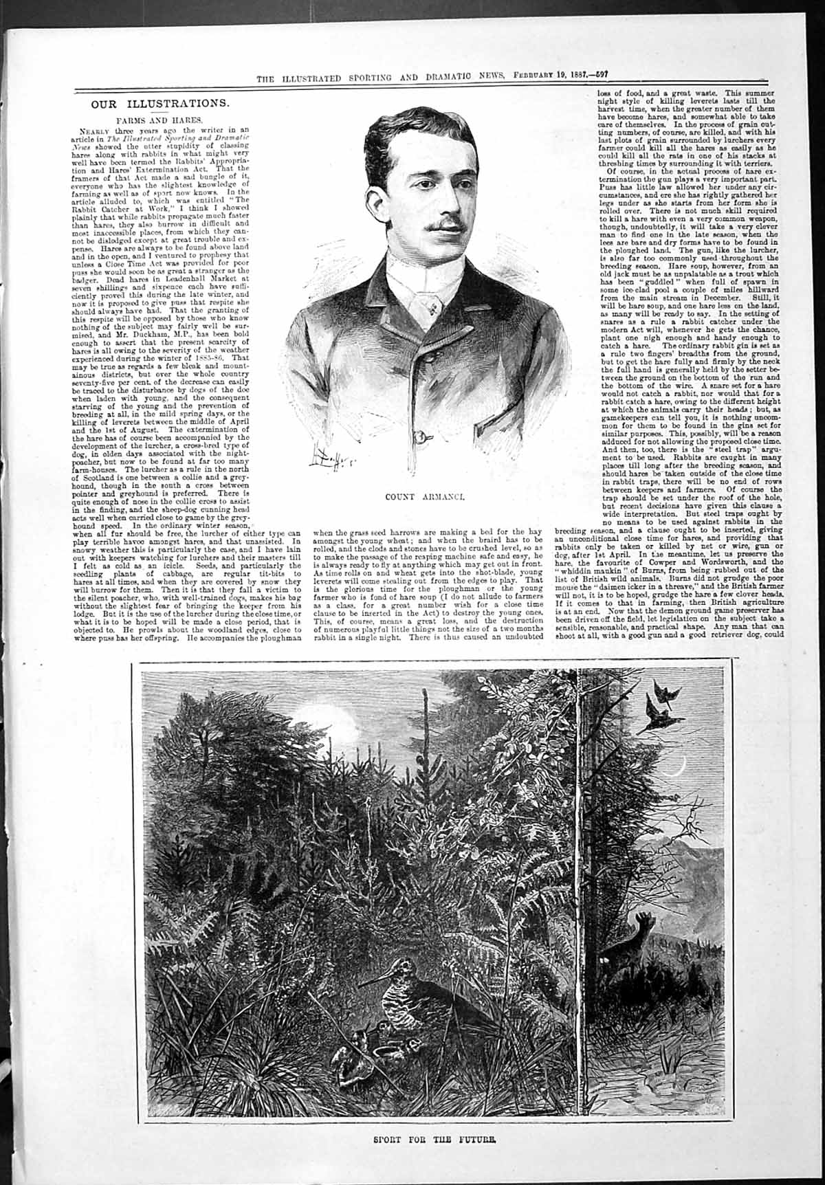 Old Print Sporting Dramatic News 1887 Count Armanci Sport Birds Moonlight 19th