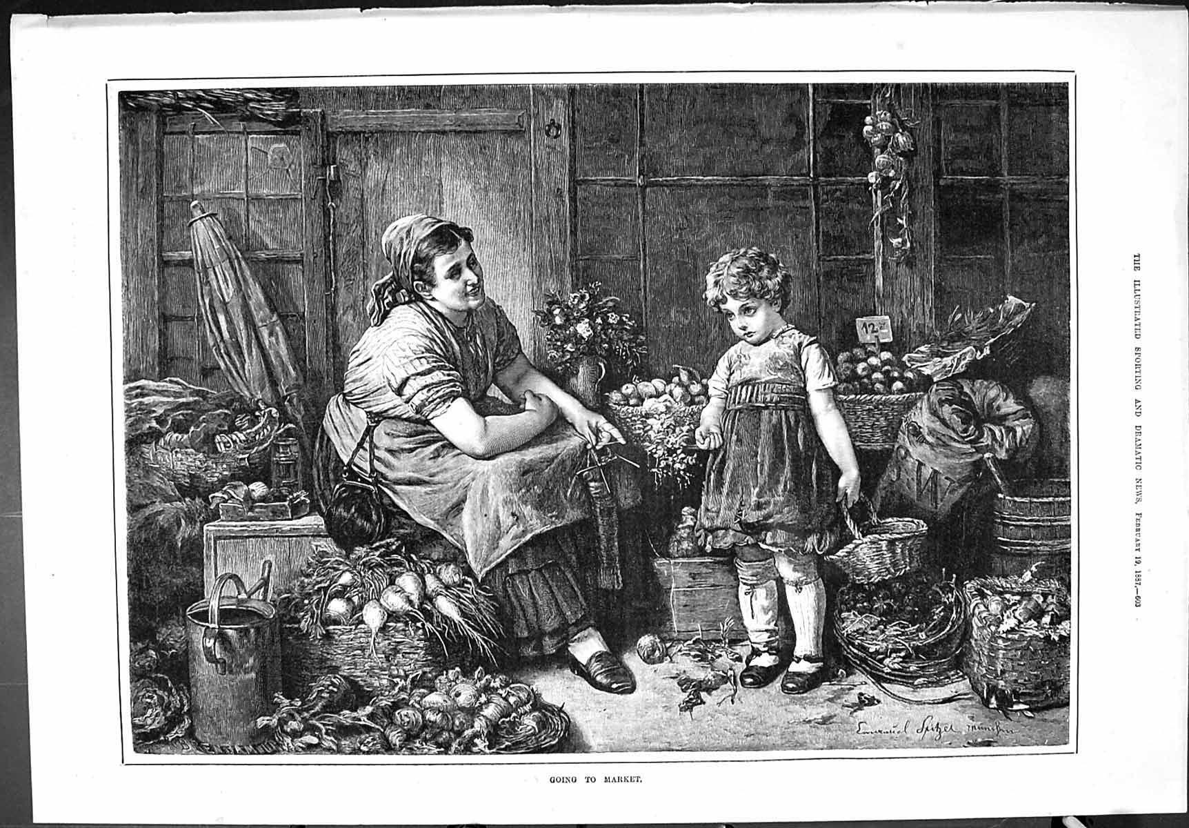 Old Sporting Dramatic News 1887 Going To Market Mother Little Girl Fr Victorian