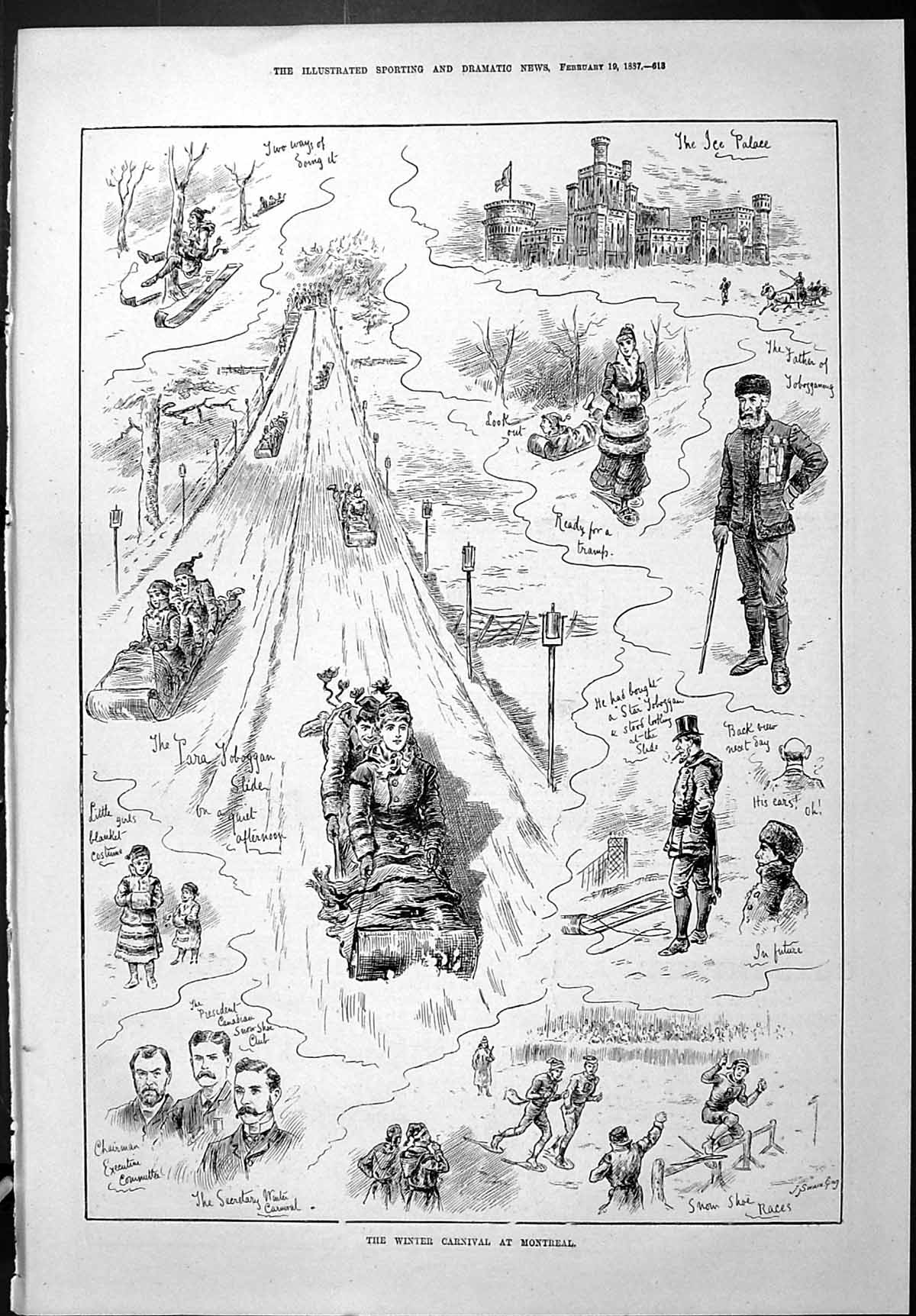 Old Sporting Dramatic News 1887 Winter Ice Snow Carnival Montreal Can Victorian