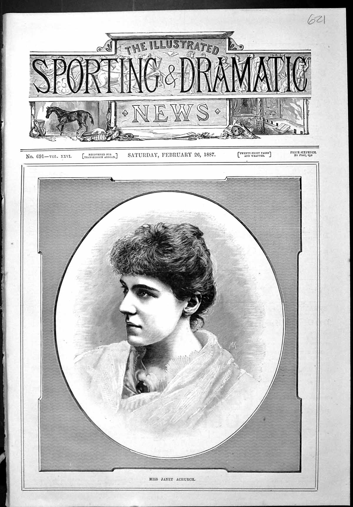 Old Antique Print Sporting Dramatic News 1887 Portrait Miss Janet Achurch 19th