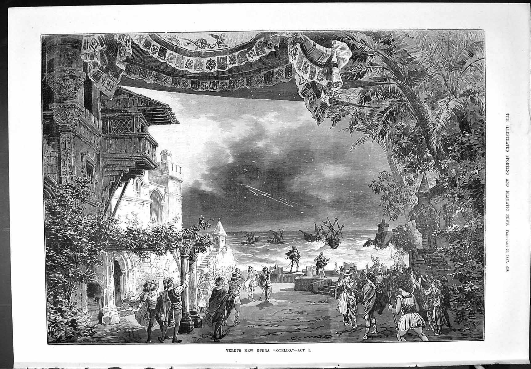 Old Print Sporting Dramatic News 1887 Verdi New Opera Otello Ships Scene 19th