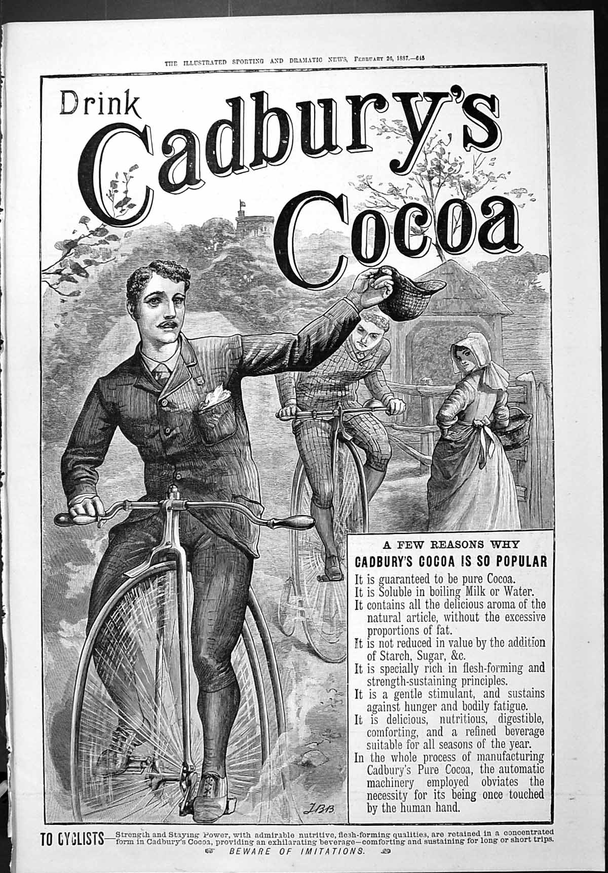 Antique Old Print Sporting Dramatic News 1887 Cadbury'S Drinking Chocolate 19th