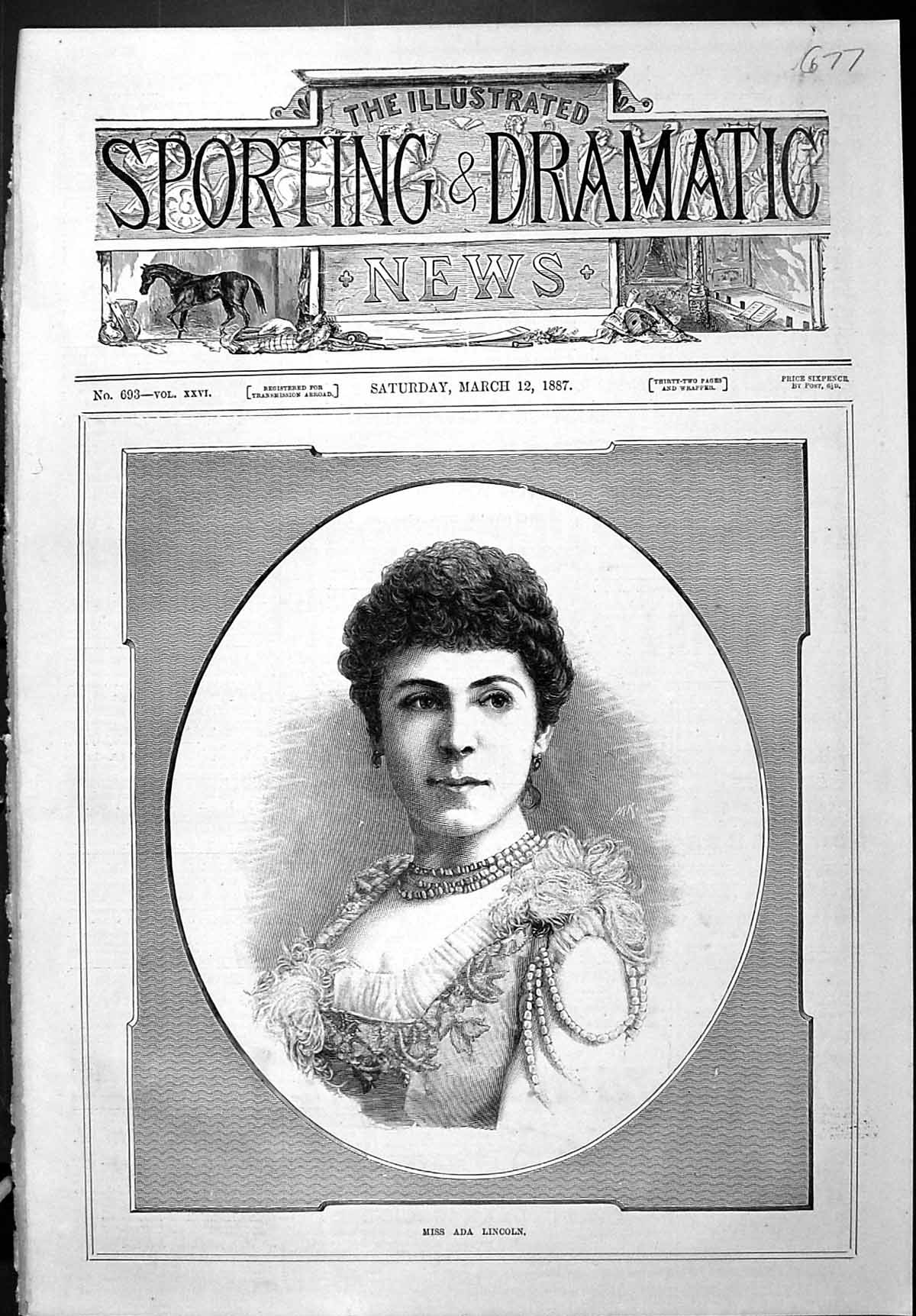 Old Antique Print Sporting Dramatic News 1887 Portrait Miss Edna Lincoln 19th