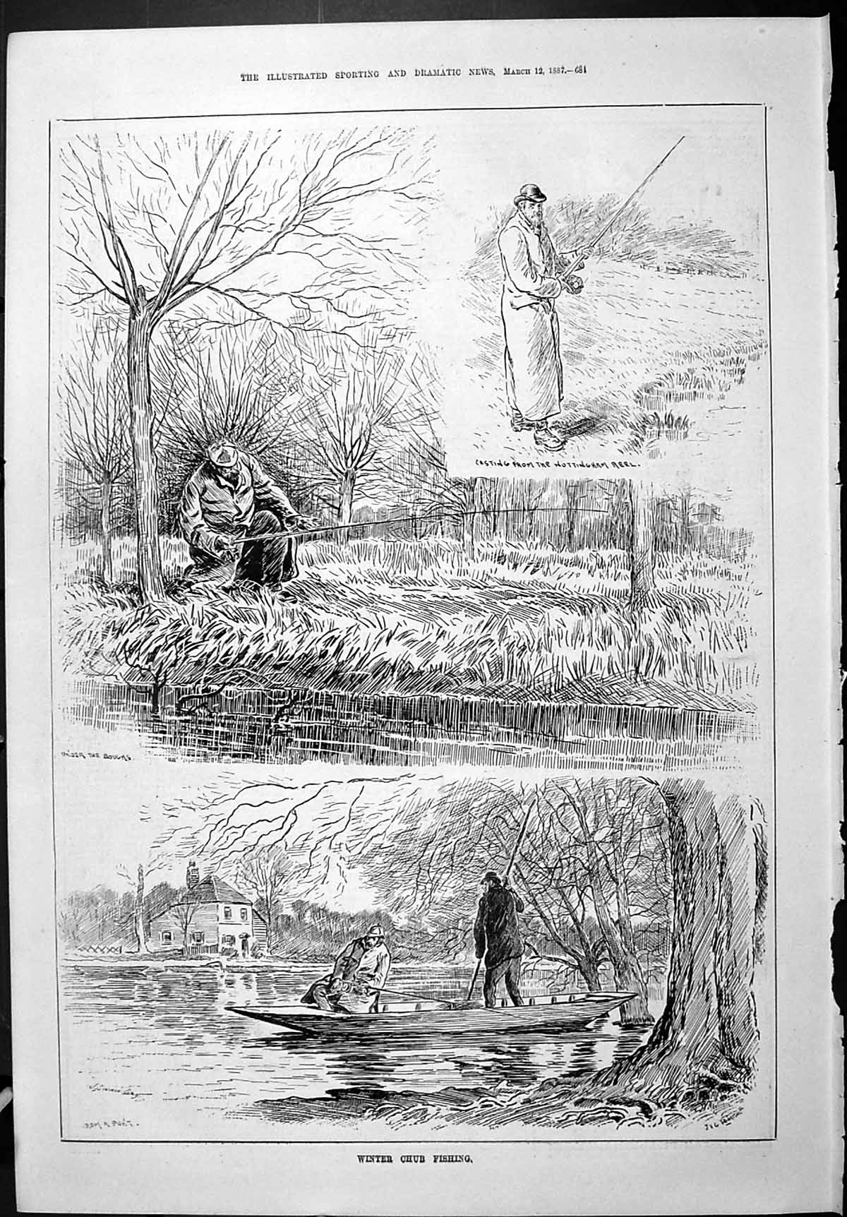 Old Sporting Dramatic News 1887 Winter Chub Fishing River Boats Angli Victorian