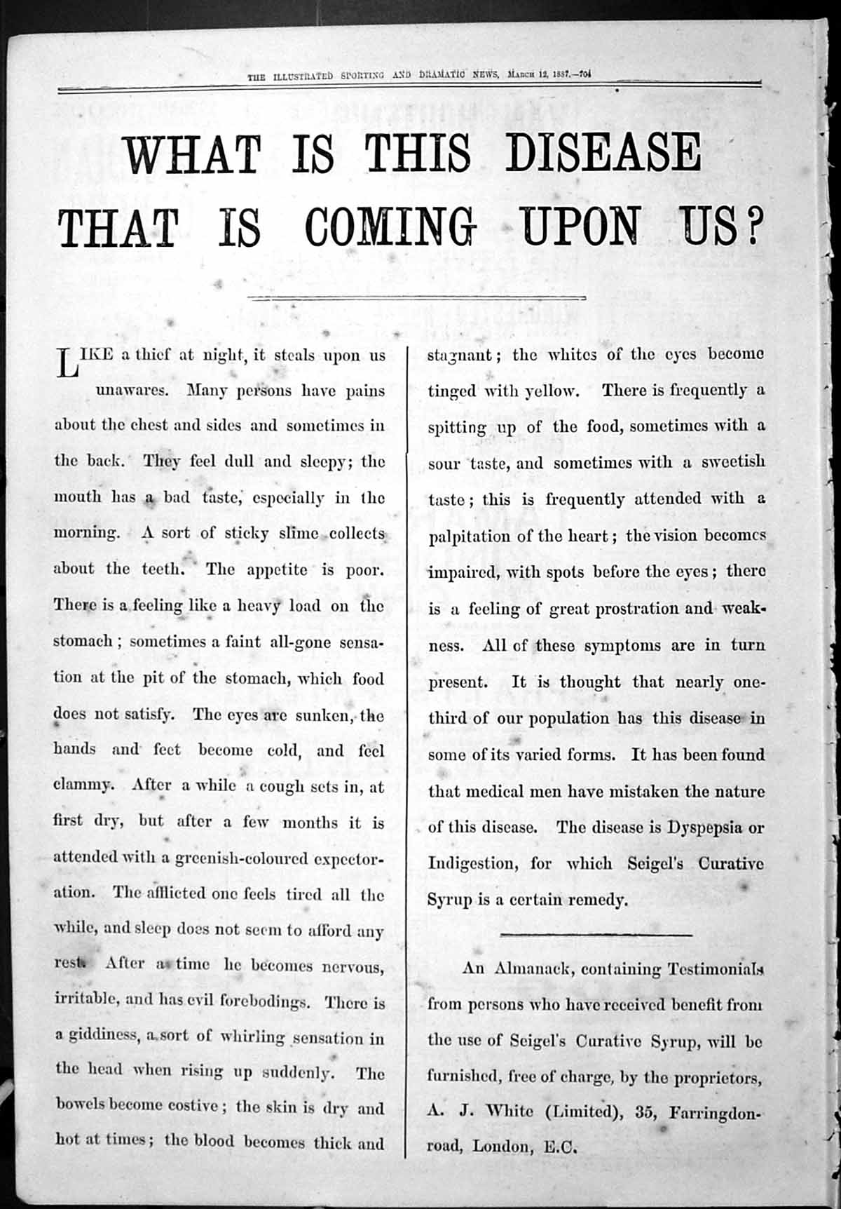 Old Sporting Dramatic News 1887 Advertisment Seigel Curative Syrup Wh Victorian
