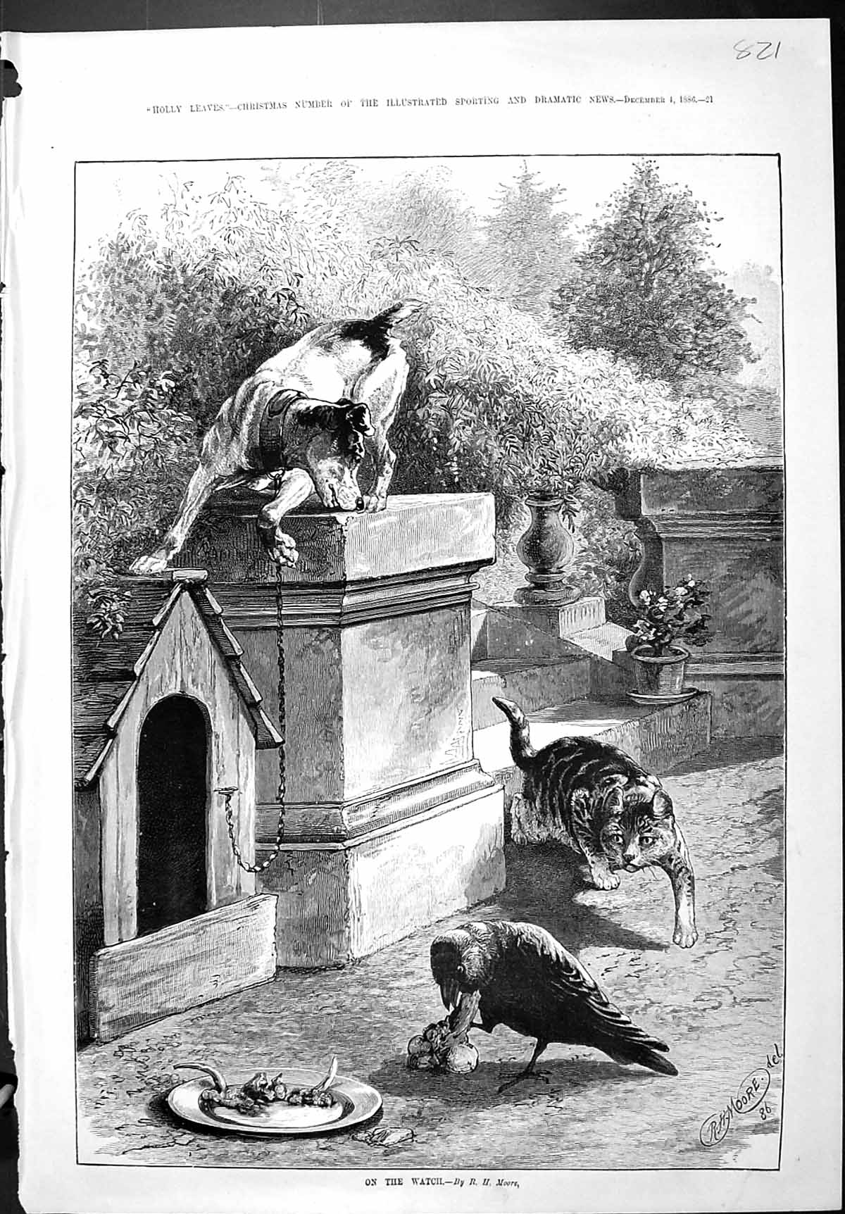 Old Sporting Dramatic News 1886 On The Watch Dog Cat Bird Kennel Moor Victorian