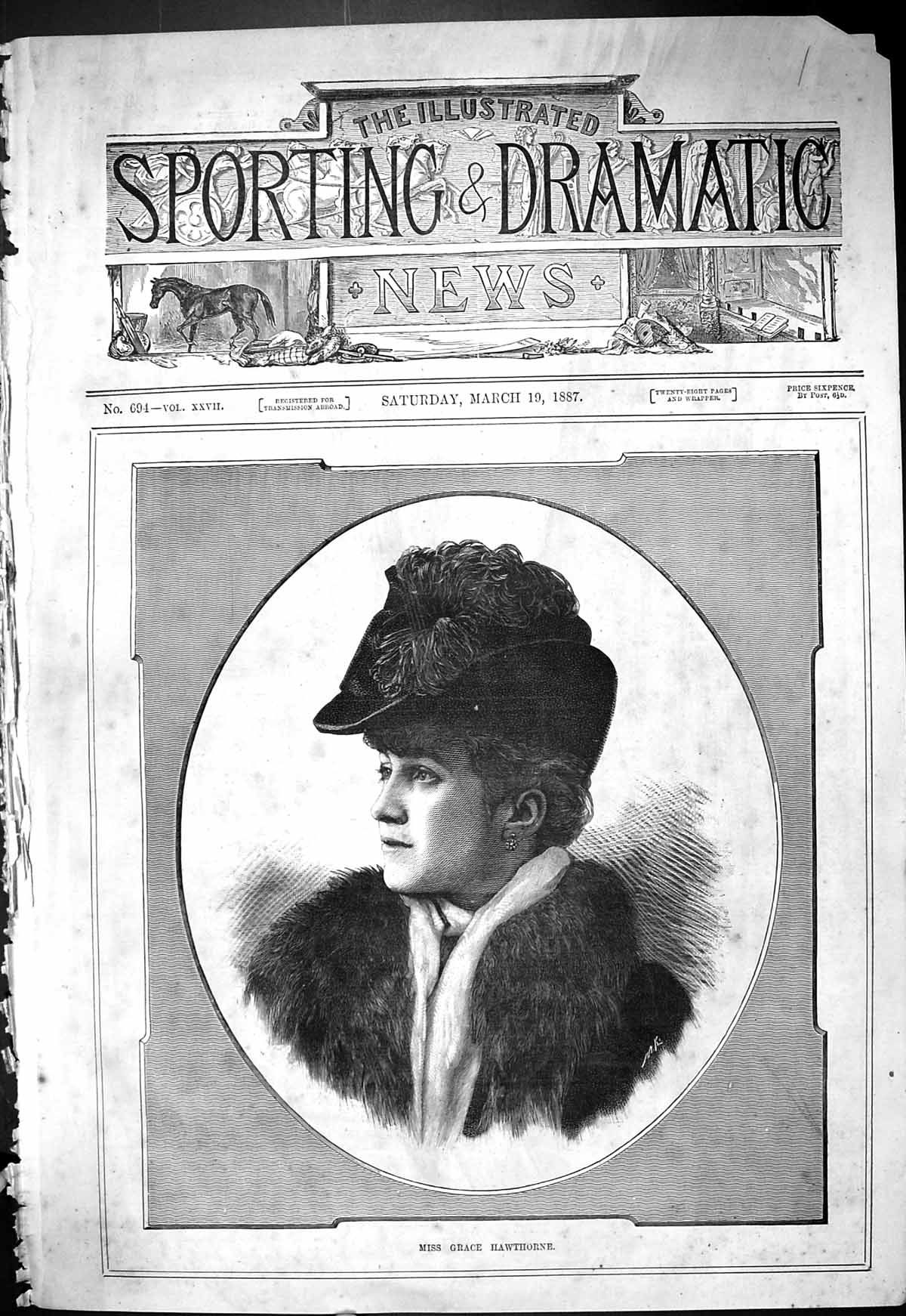 Original Old Antique Print 1887 Portrait Miss Grace Hawthorne Beautiful Woman