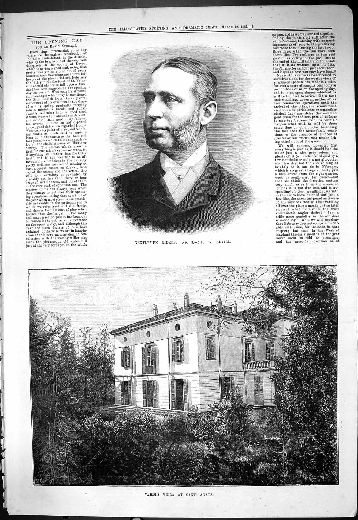 Original Old Antique Print 1887 Portrait Rider Mr Bevill Verdi Villa Sant Agata