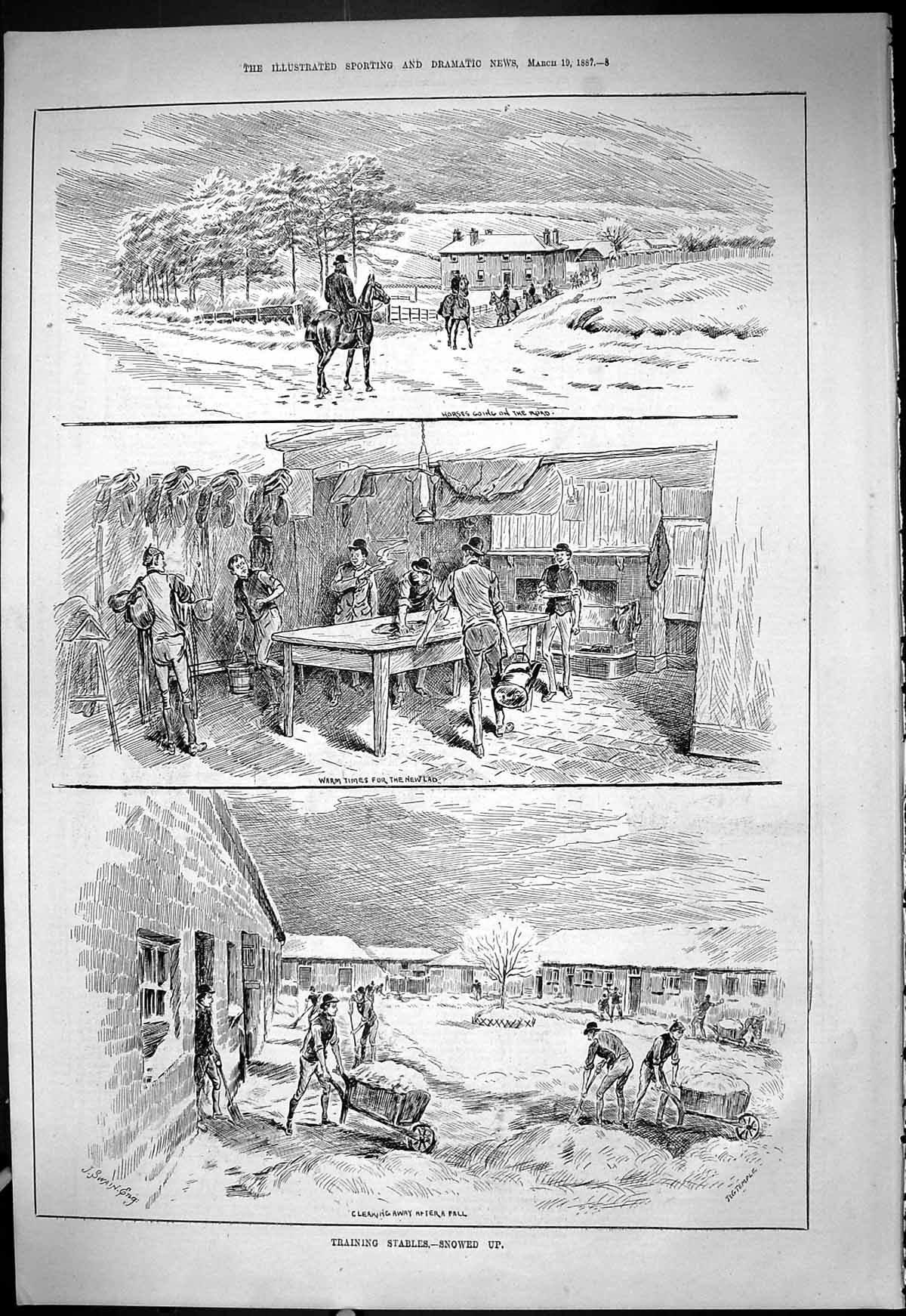 Old Antique Print 1887 Training Stables Clearing Snow Horses Stable-Boys 19th