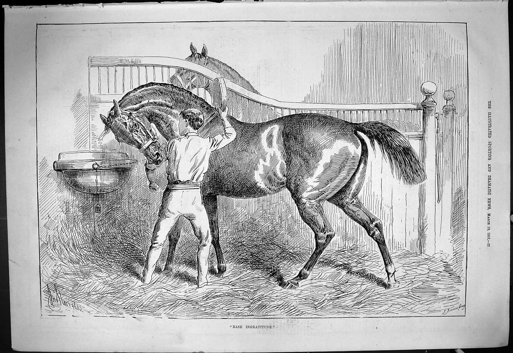 Antique Old Print 1887 Base Ingratitude Horse Biting Stable Boy Stall Swain