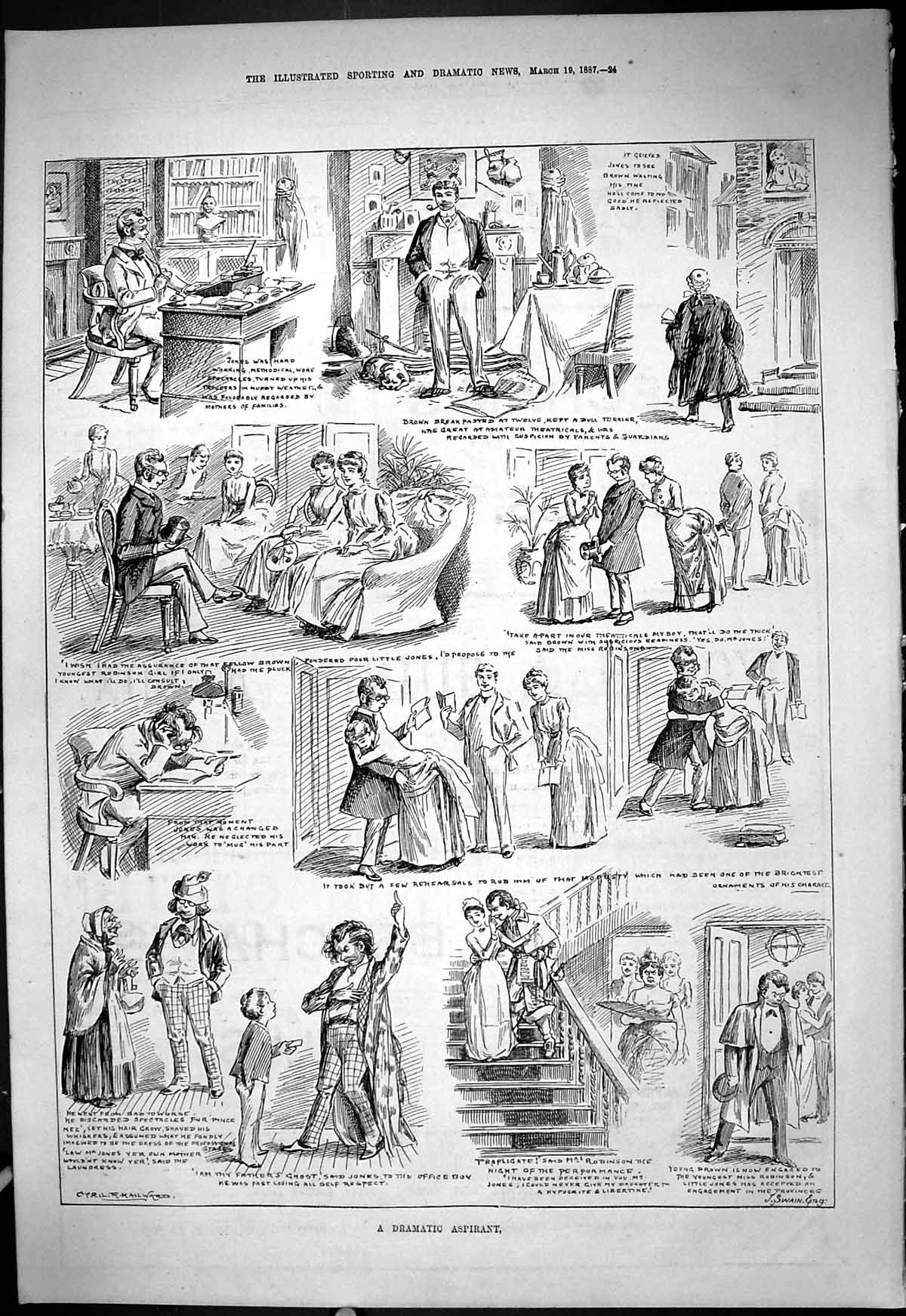 Antique Old Print 1887 Dramatic Aspirant Story Illustration Cyril Ward Swain