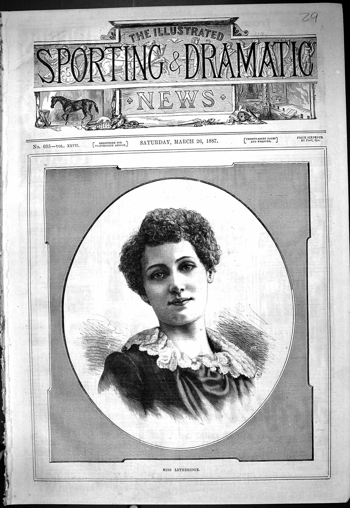 Original Old Antique Print 1887 Portrait Miss Lethbridge Beautiful Woman 19th
