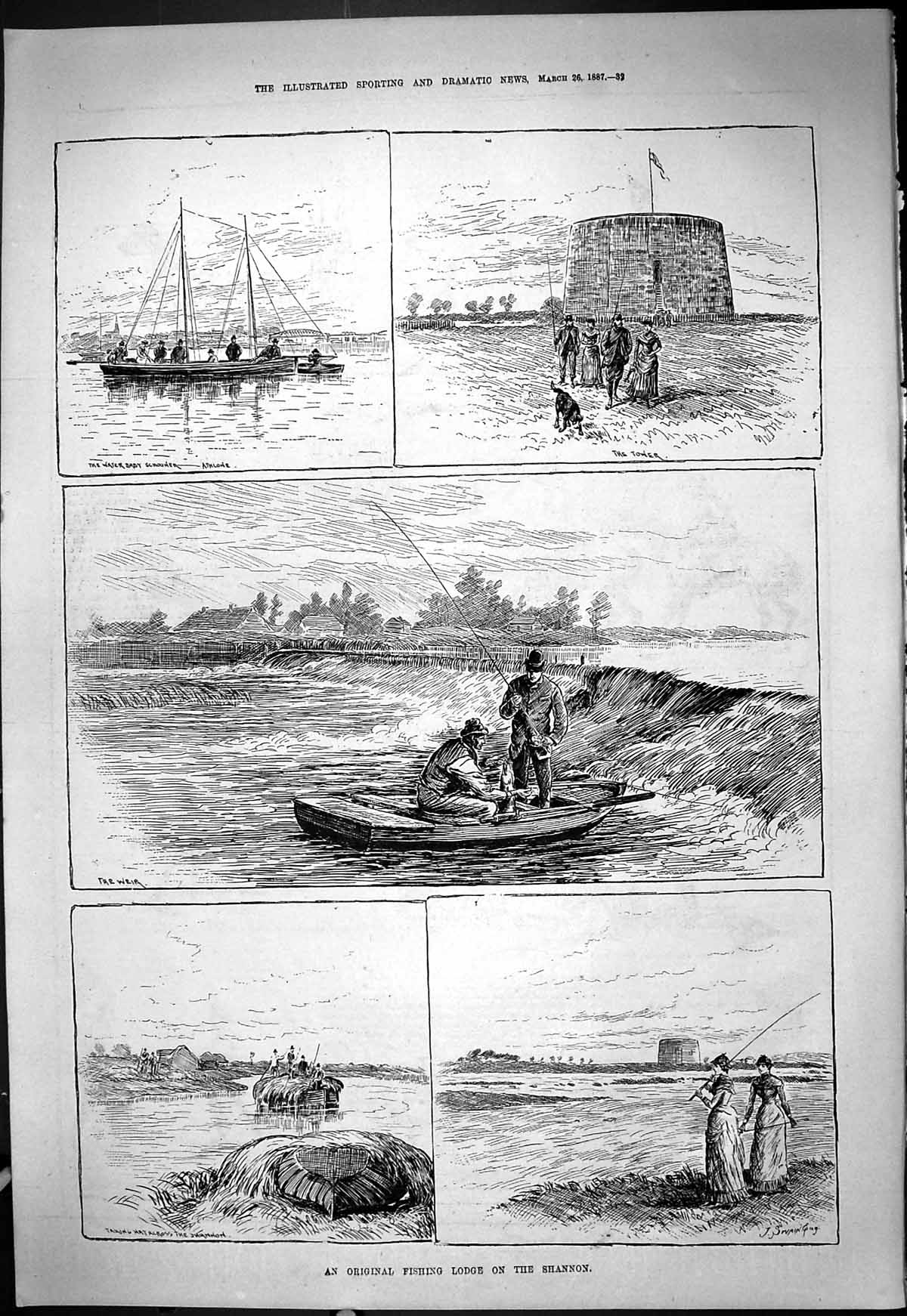 Old Print 1887 Fishing Lodge River Shannon Ireland Weir Boat Athlone Fish 19th