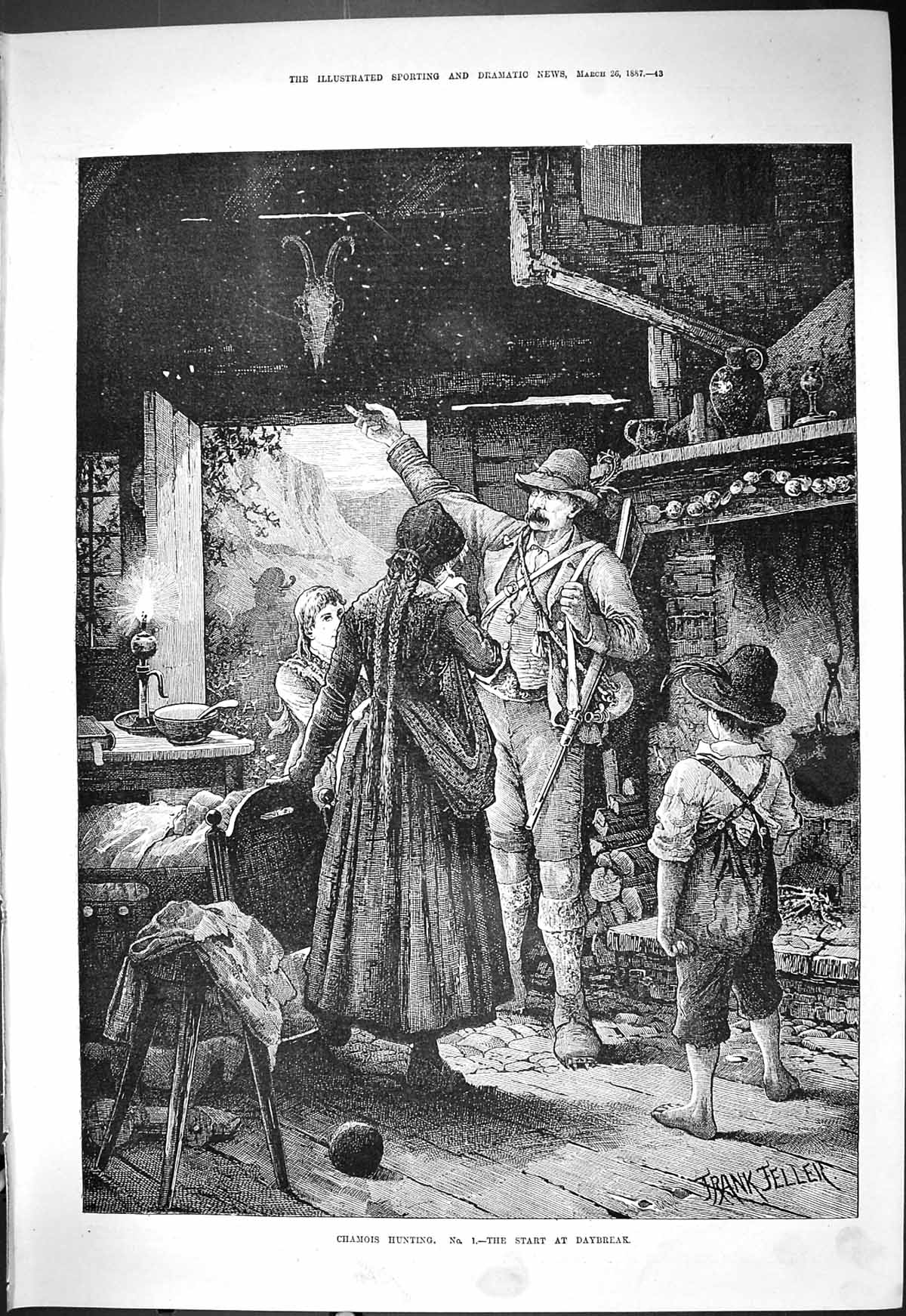 Antique Print Chamois Hunting Mountains Log Cabin Start Daybreak Scene 1887