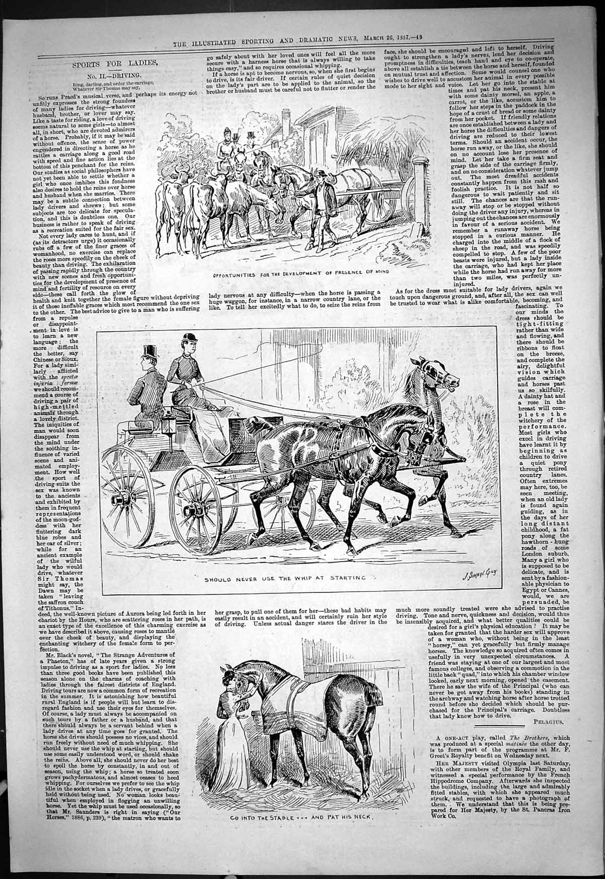 Old Ladies Sport Horses Driving Coach Stable Scene 1887 Theatre Criti Victorian
