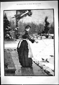 Original Old Antique Print 1887 Long Winter Lady Feeding Birds Snow Scene 19th