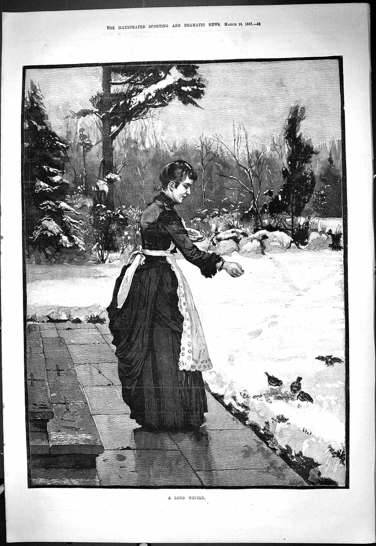 Original Old Antique Print 1887 Long Winter Lady Feeding Birds Snow Scene 19th