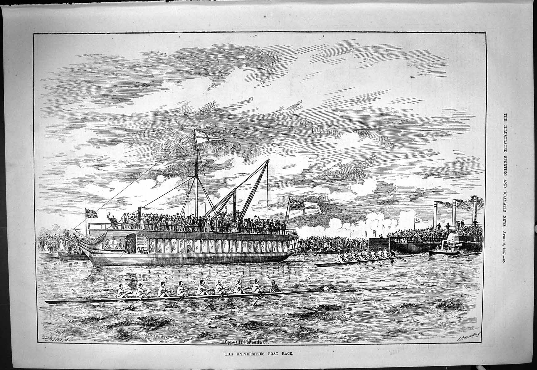 Antique Old Print 1887 Oxford Cambridge University Boat Race Mortlake Sport