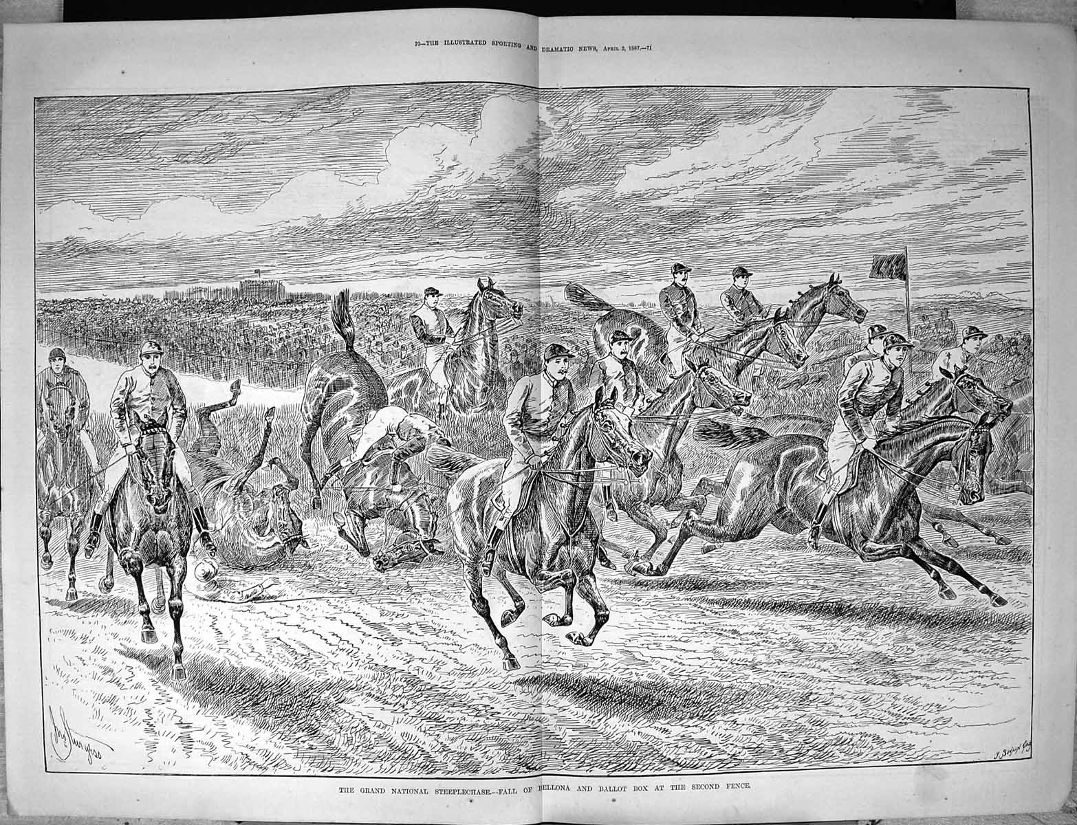 Old Print 1887 Grand National Steeplechase Fall Horse Bellona Ballot Box 0 19th