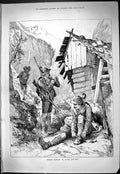 Original Old Antique Print Chamois Hunting Mountains Huntsment Log Cabin 1887