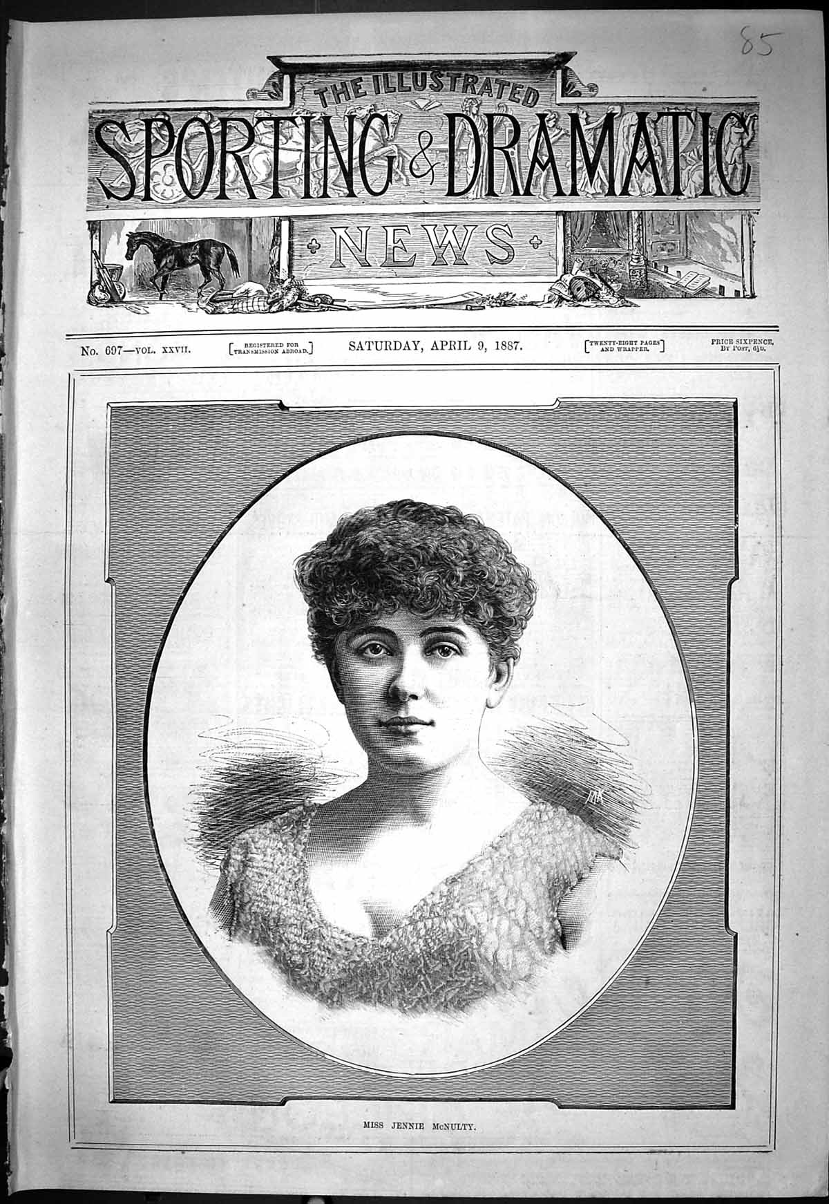 Original Old Antique Print 1887 Portrait Miss Jennie Mcnulty Beautiful Woman