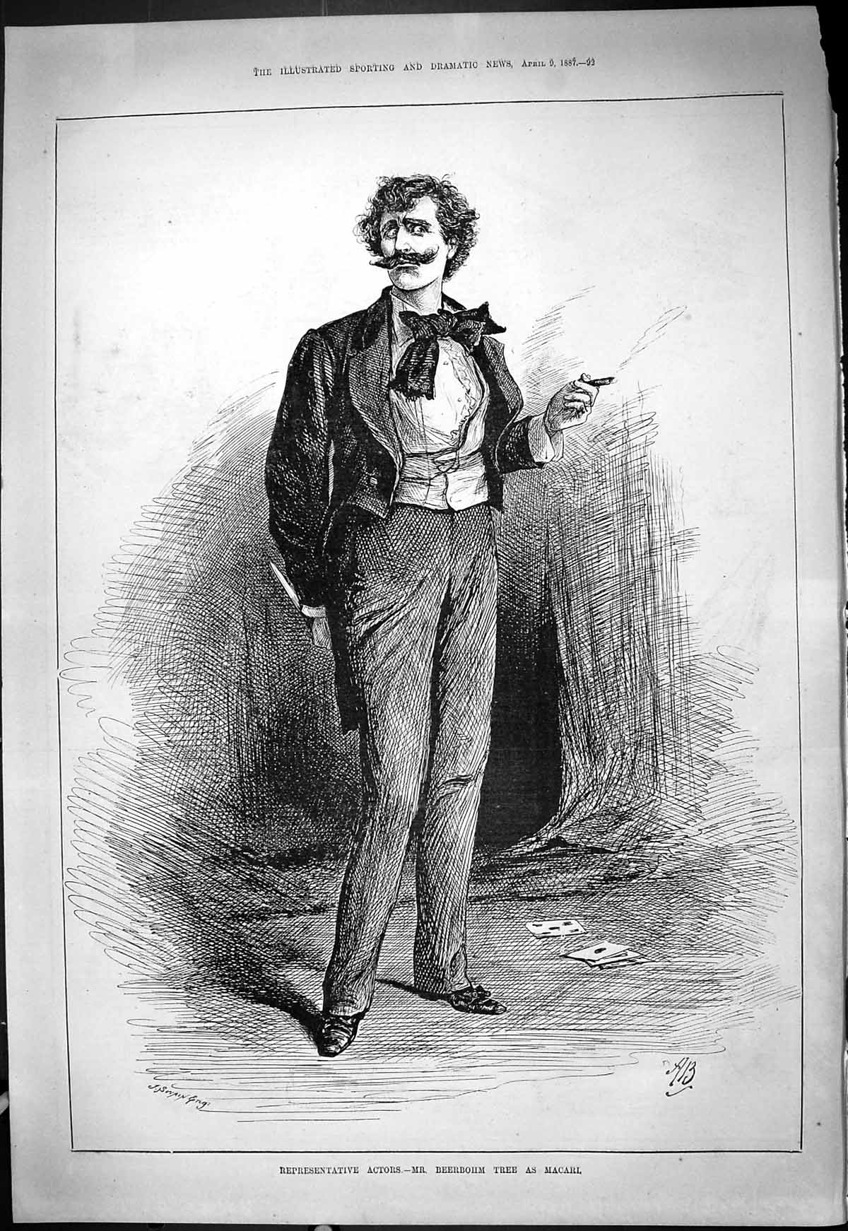 Antique Old Print 1887 Representative Actor Mr Beerbohm Tree Macari Theatre