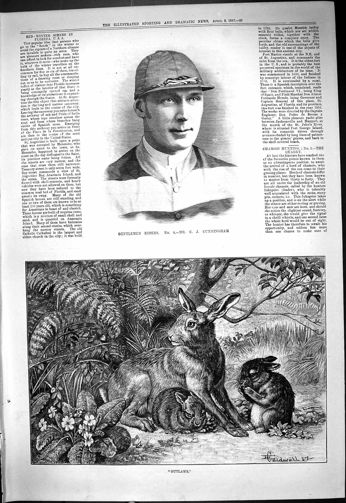 Old Print 1887 Portrait Jockey Cunningham Outlaws Hare Leverets Caldwell 19th