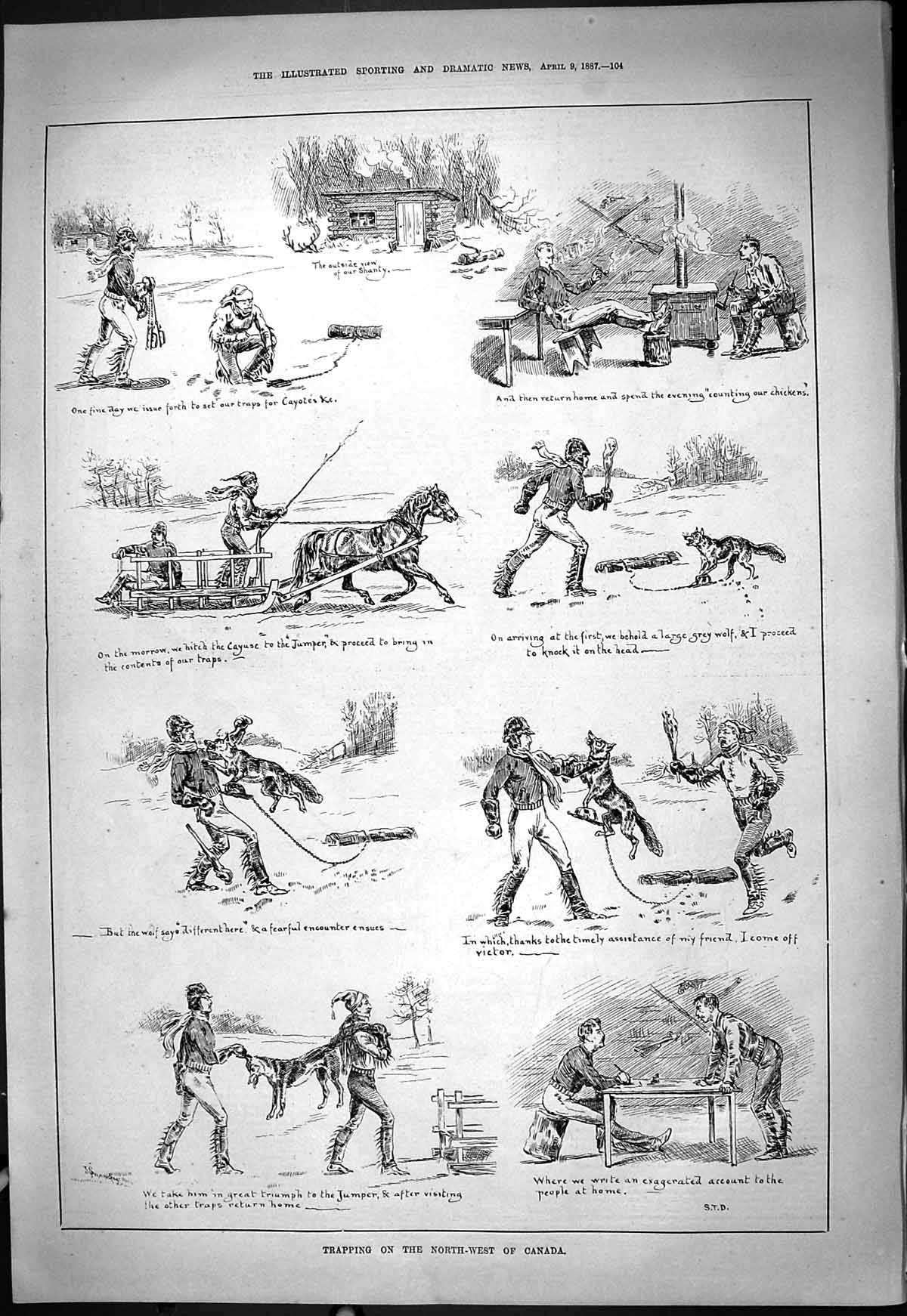 Original Old Antique Print Theatre Critic 1887 Fox Trapping Canada Hunting 19th