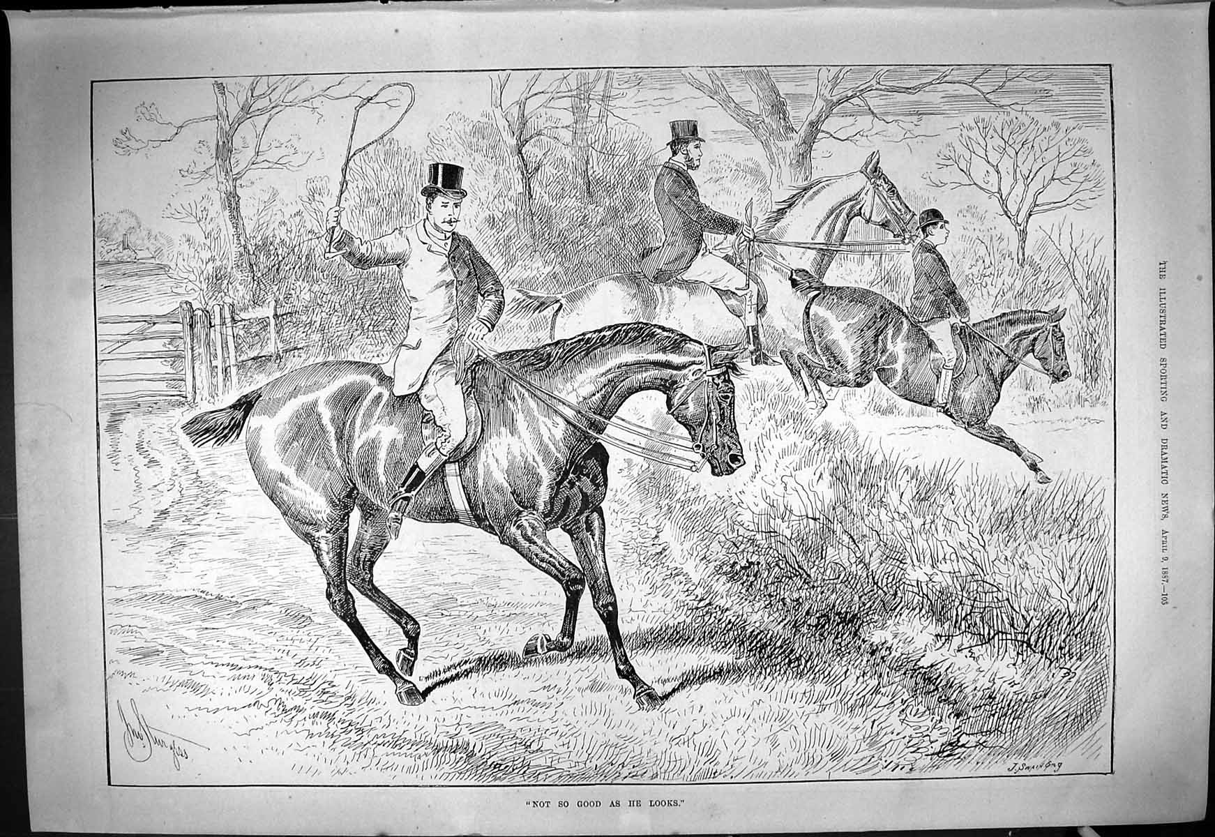 Old Antique Print Horses Hunting Huntsmen Jumping Fence 1887 Countryside 19th