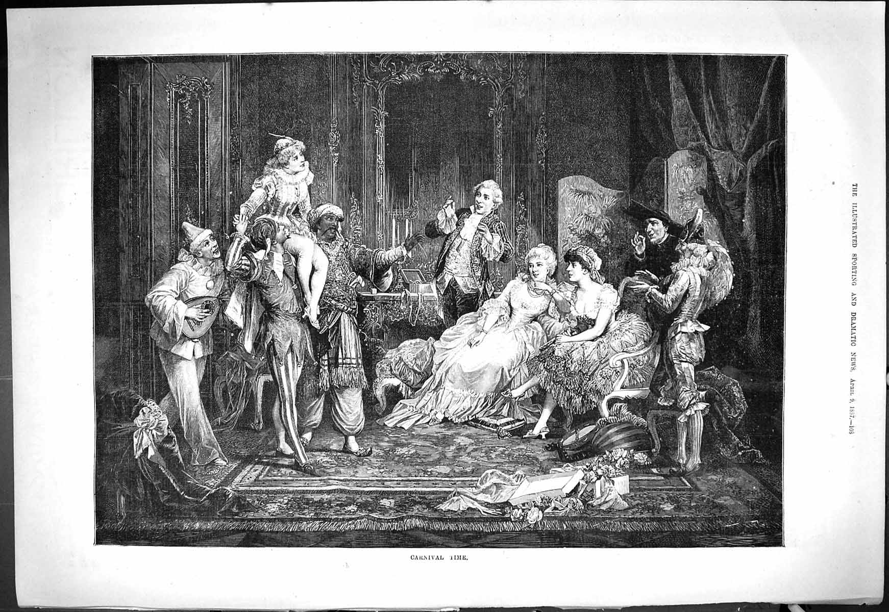 Original Old Antique Print 1887 Carnival Time Celebration Entertainment Scene