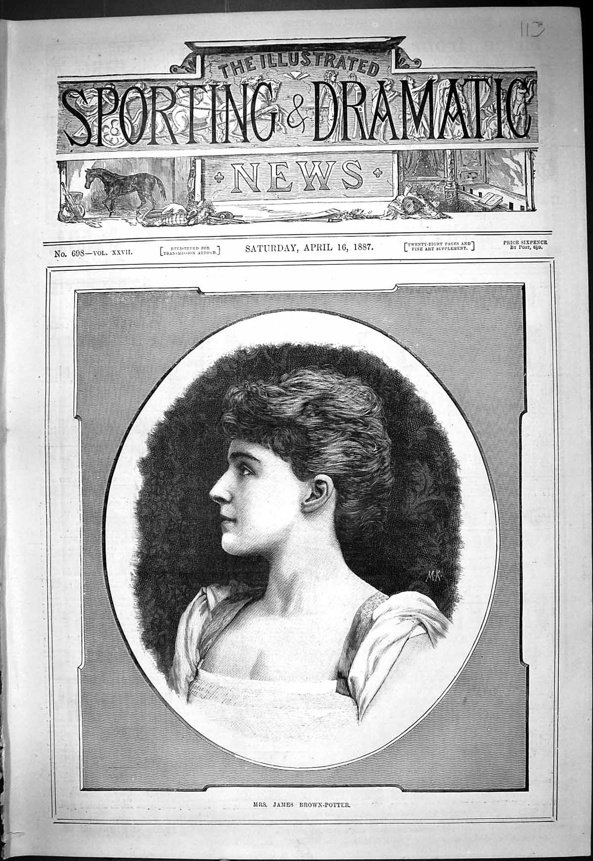 Original Old Antique Print 1887 Portrait Mrs James Brown-Potter Beautiful Woman