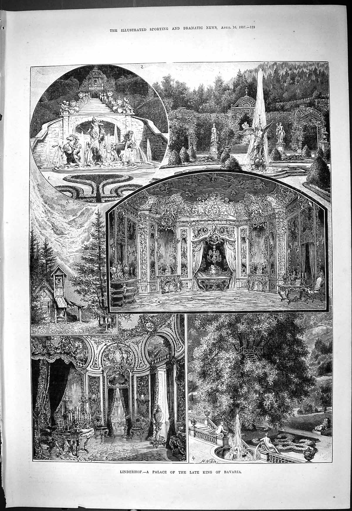 Original Old Antique Print 1887 Linderh Palace King Bavaria Beautiful House