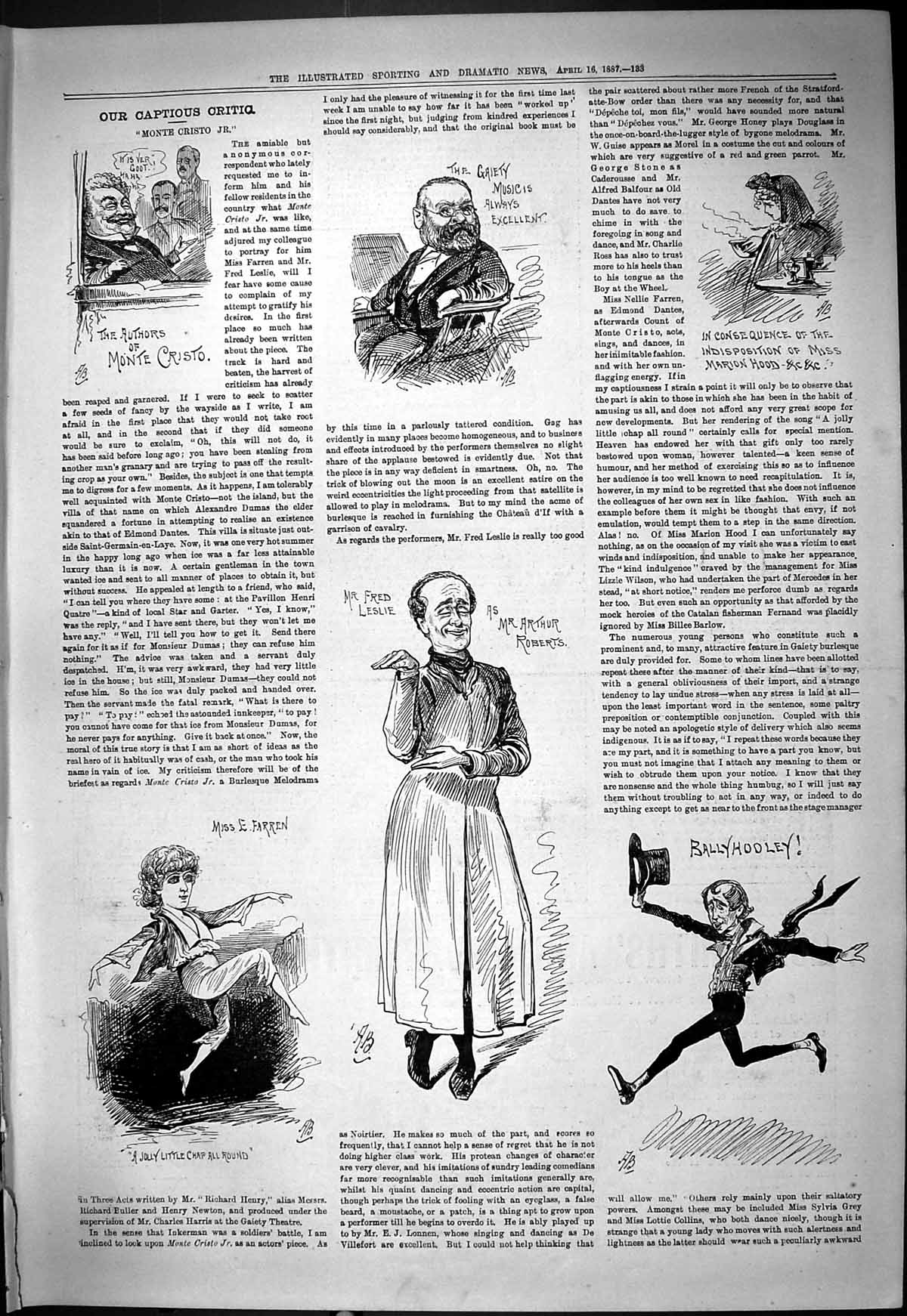 Old Antique Print 1887 Theatre Critic Monte Cristo Leslie Roberts Farren 19th