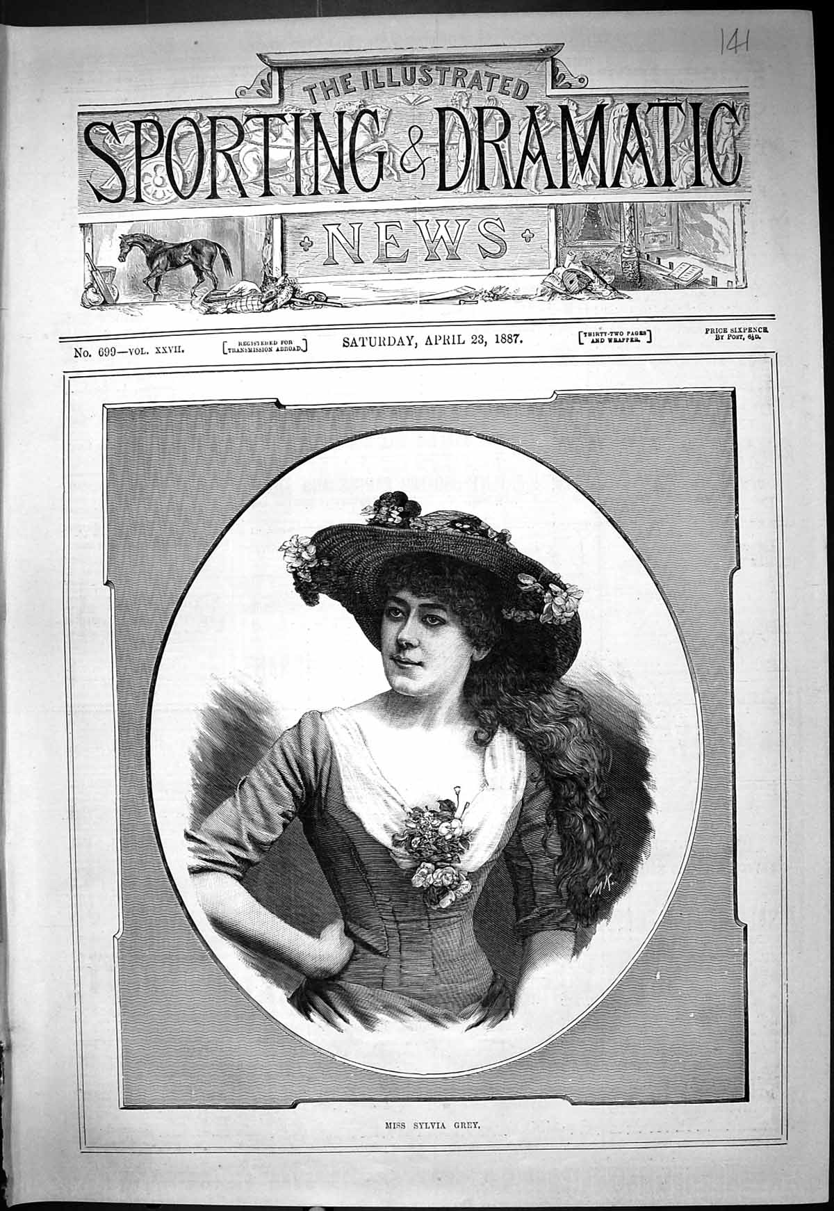 Original Old Antique Print 1887 Portrait Miss Sylvia Grey Beautiful Woman 19th