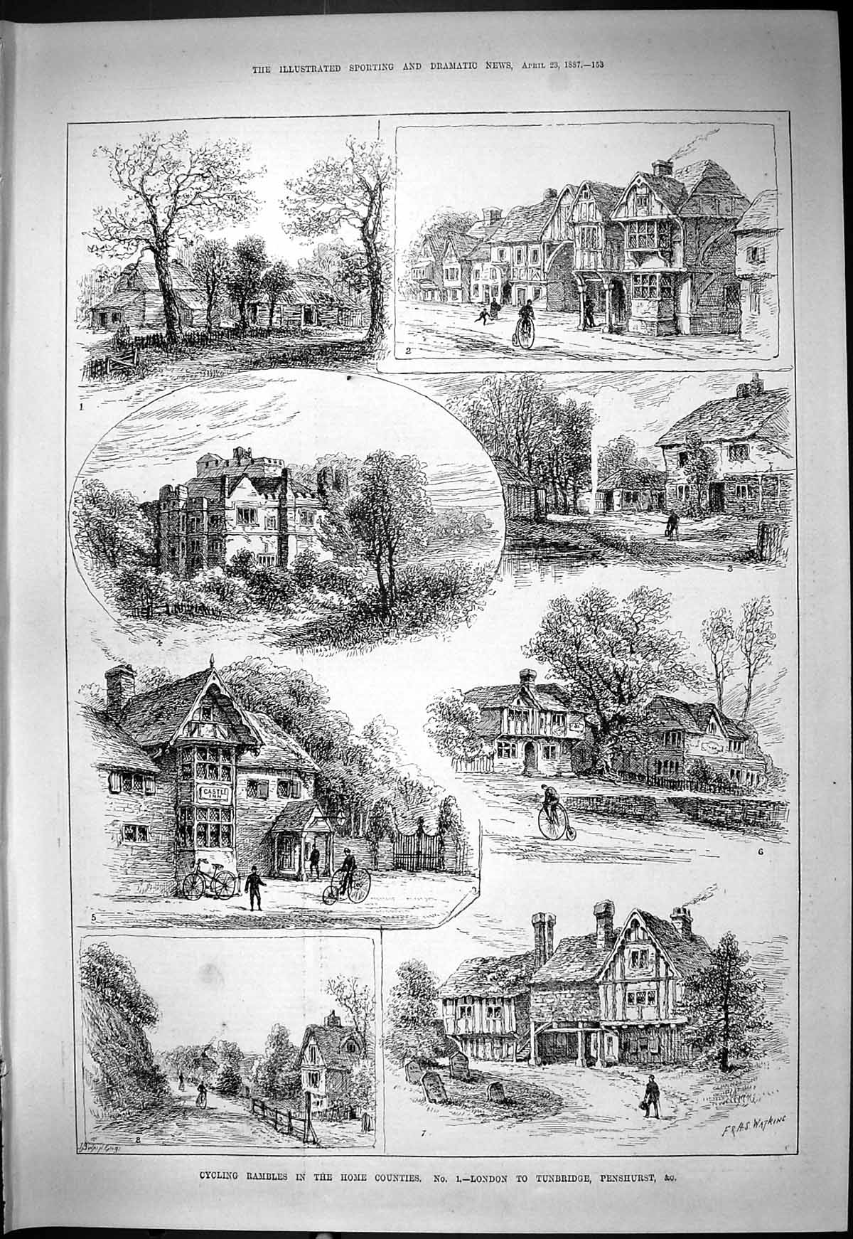 Old Print Cycling Rambles London Tunbridge Penshurst Houses 1887 Watkins 19th
