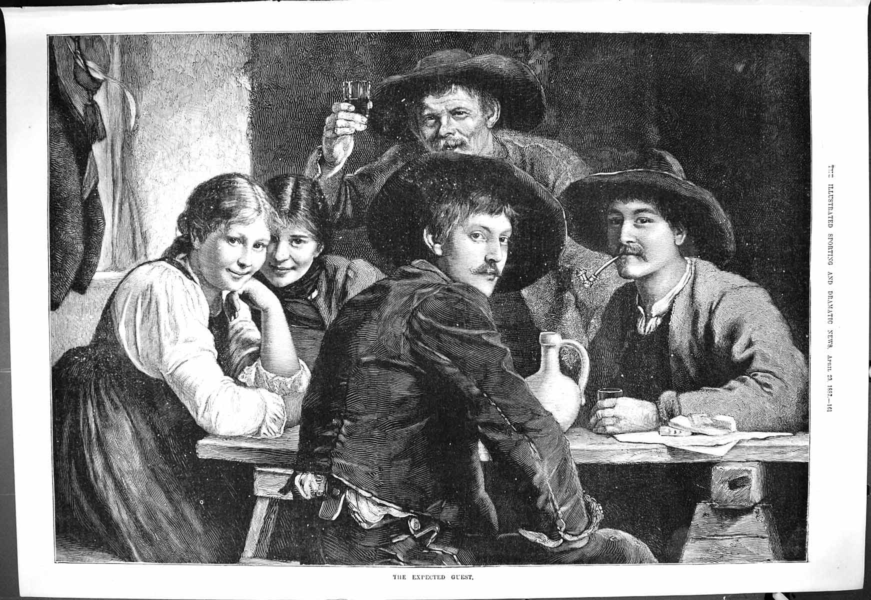 Old 1887 Fine Art Expected Guest Public Inn Men Smoking Pipe Drinking Victorian