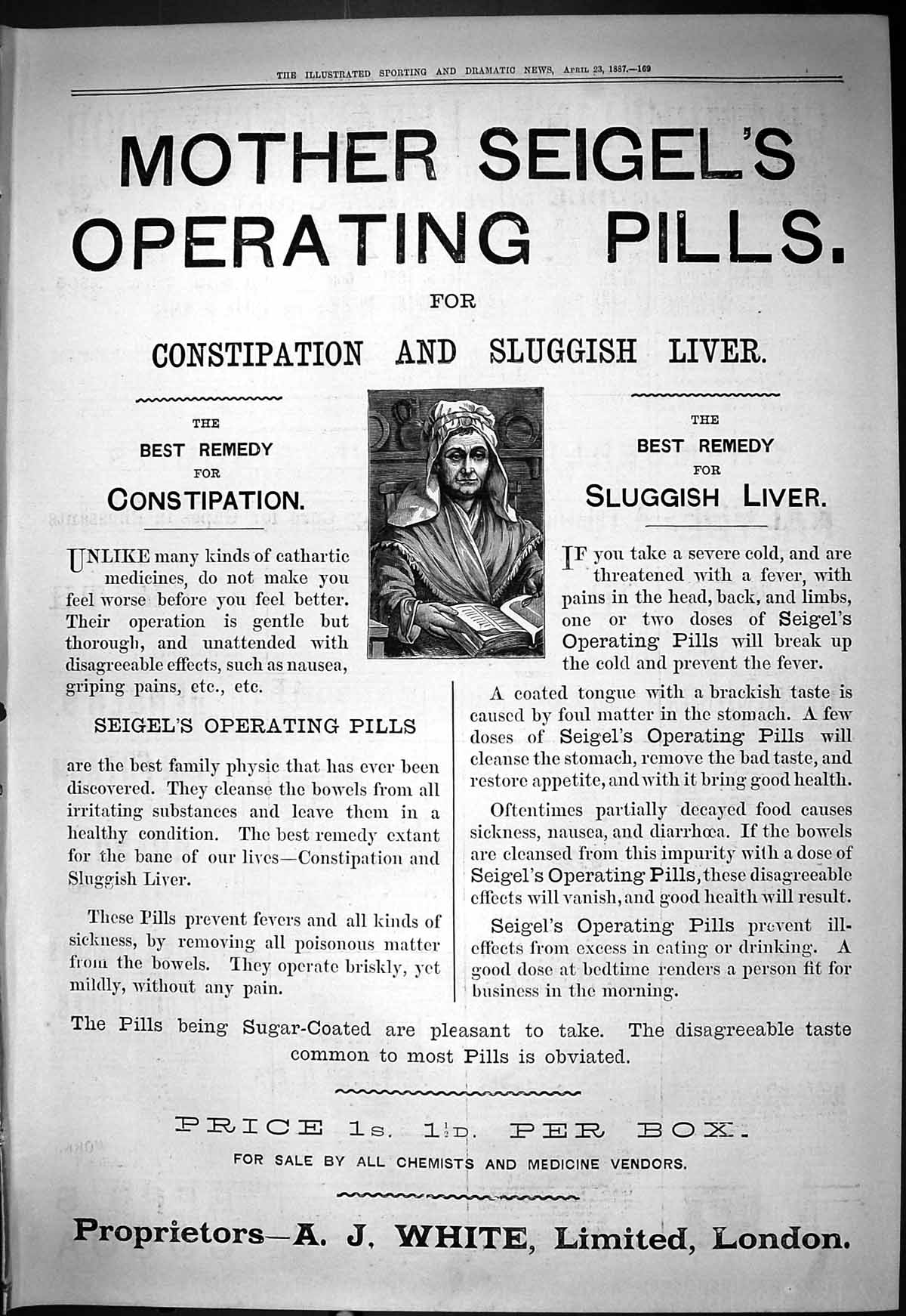 Antique Old Print 1887 Seigel'S Operating Pills Constipation Sluggish Liver