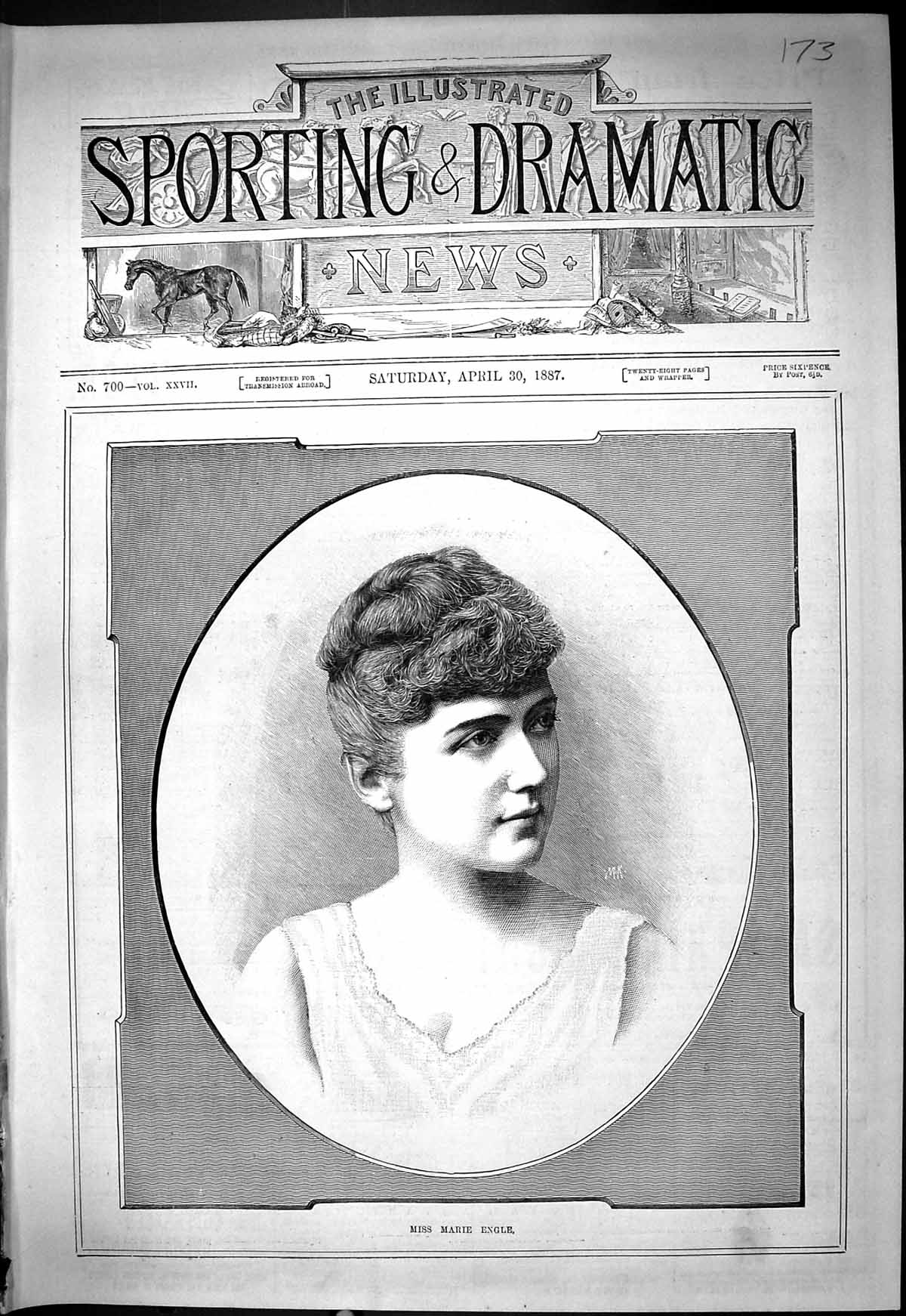 Original Old Antique Print 1887 Portrait Beautiful Woman Miss Marie Engle 19th