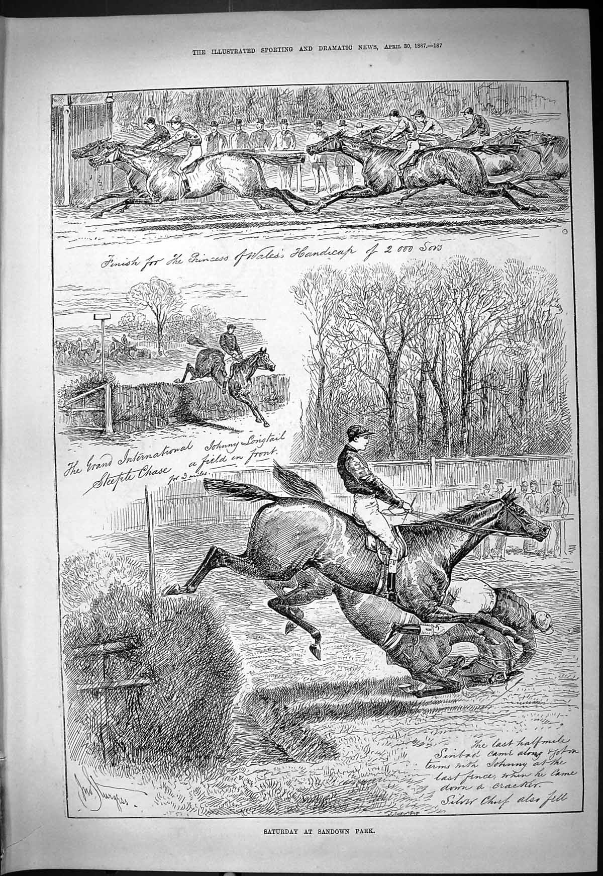 Antique Old Print 1887 Sandown Park Horse Racing Sport Sinbad Princess Wales