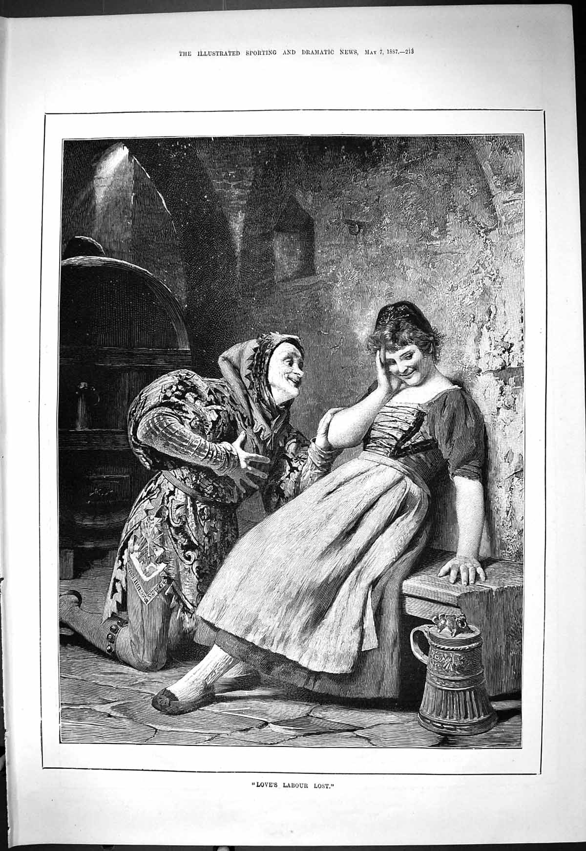 Original Old Antique Print 1887 Love'S Labour Lost Jester Costume Lady Romance