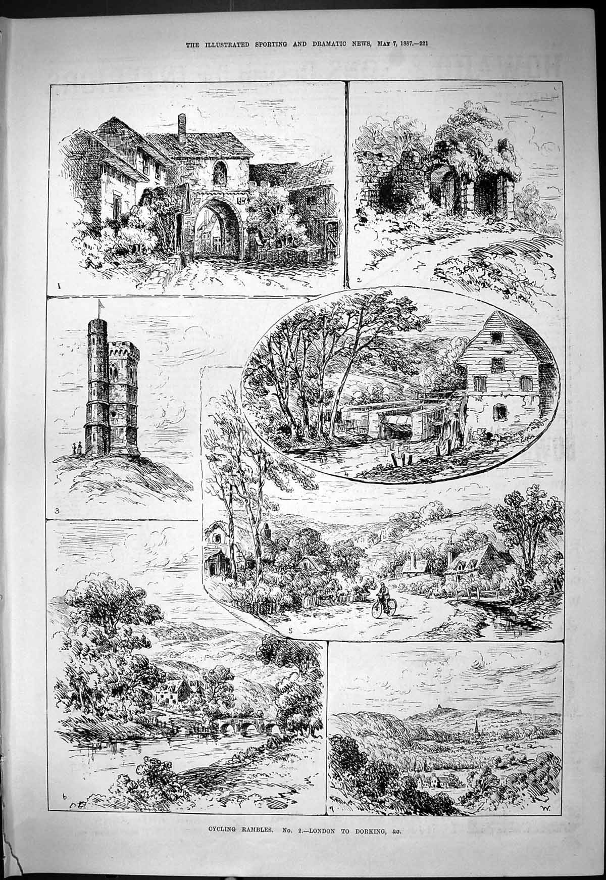 Old Antique Print London Dorking Houses River Bridge 1887 Cycling Rambles 19th