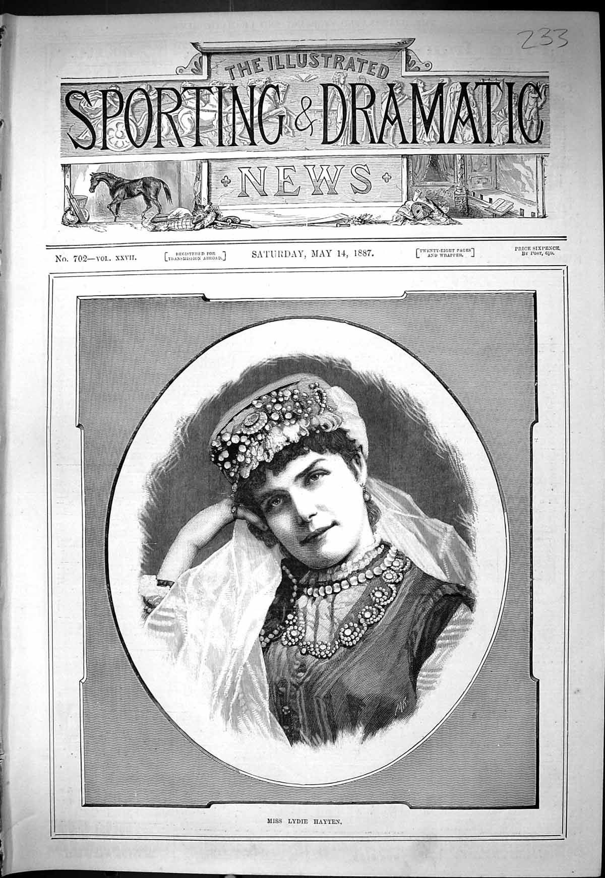 Original Old Antique Print Miss Lydie Hayten Beautiful Woman 1887 Portrait 19th