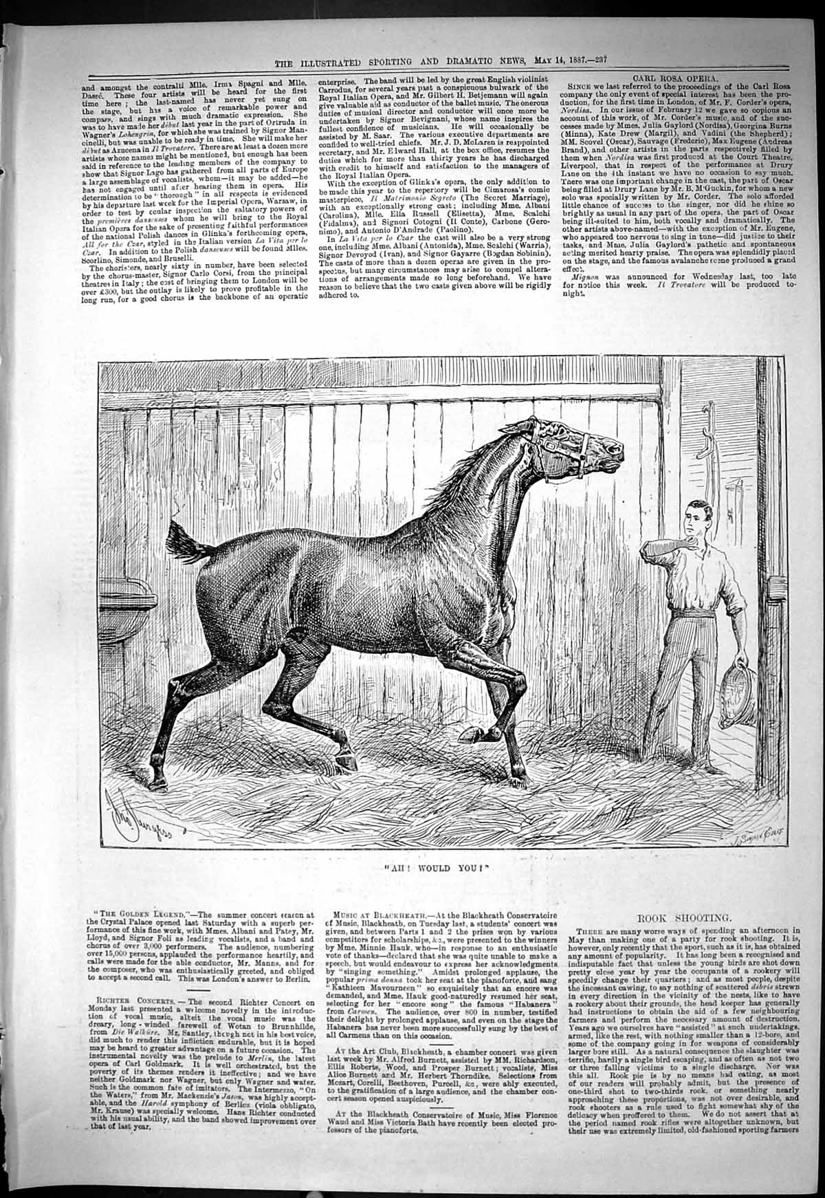 Original Old Antique Print 1887 Horse Stable Scene Jockey Food Bucket Victorian