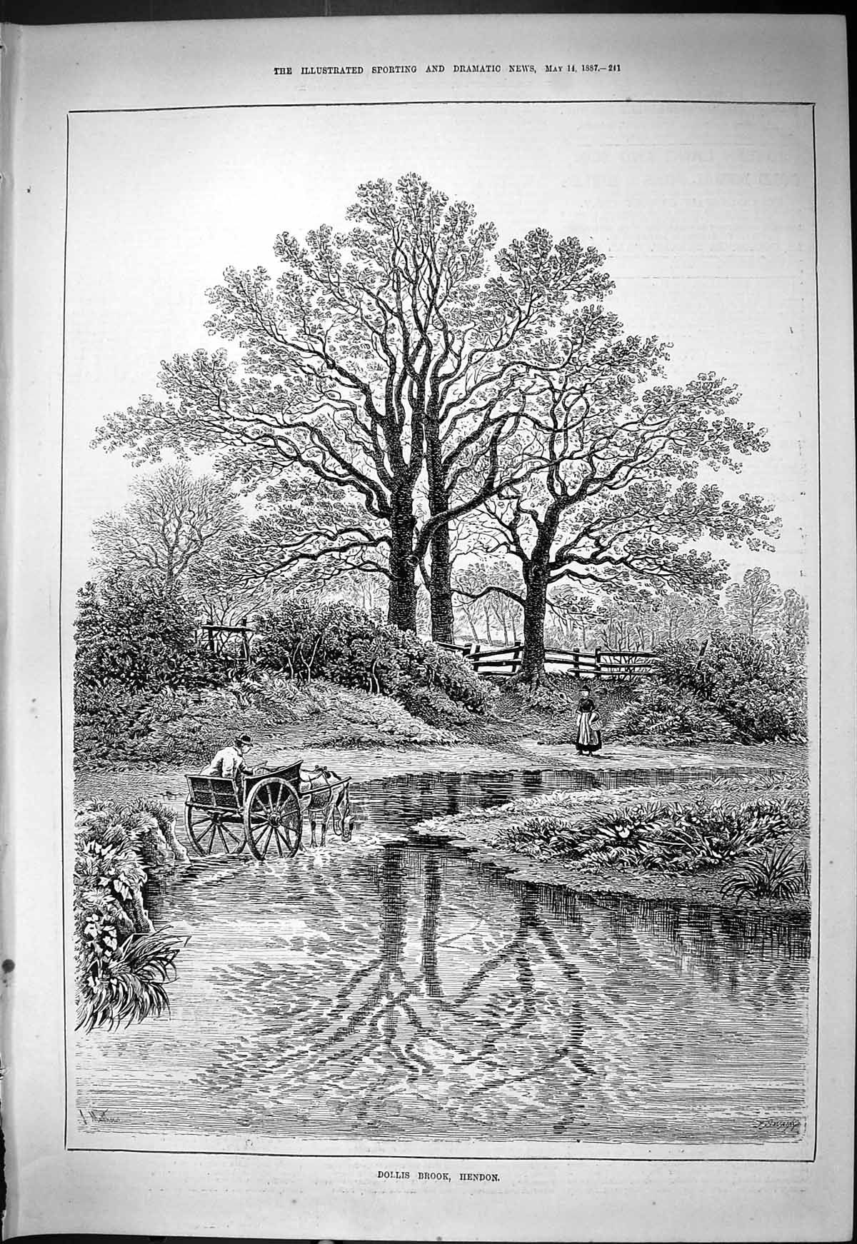 Original Old Antique Print Dollis Brook Hendon Horse Coach Trees 1887 Swain