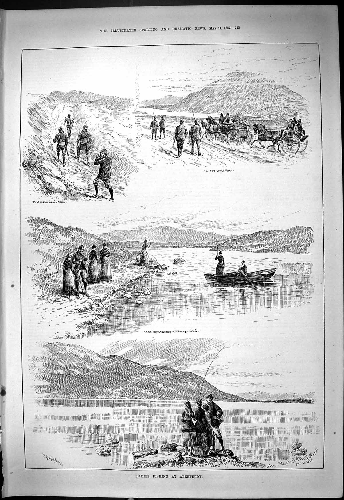 Old Print Ladies Fishing Aberfeldy River Trout Fish Crief Road Sport 1887 19th