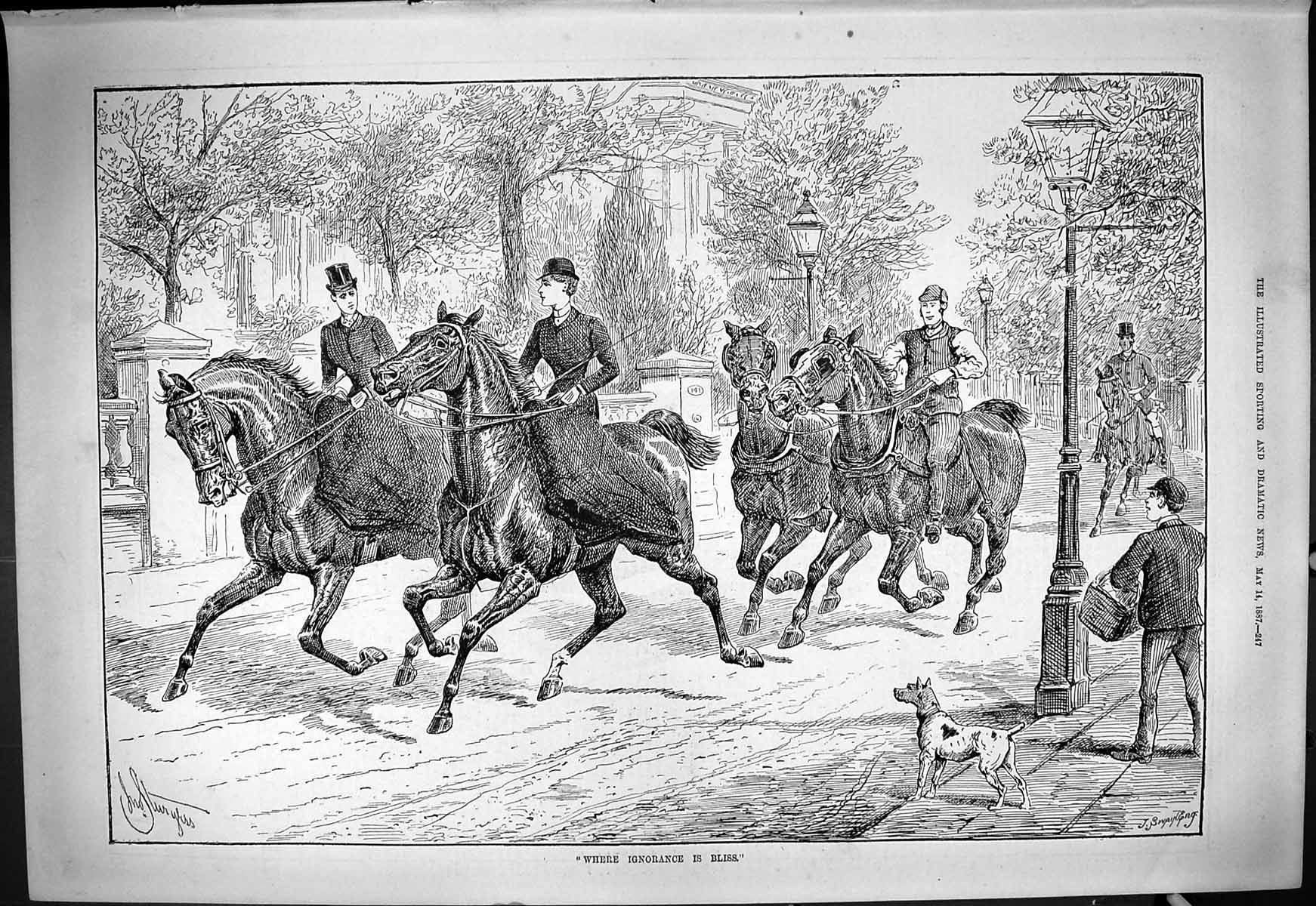 Antique Old Print 1887 Street Scene Hunting Horses Ladies Jockey Sport Swain