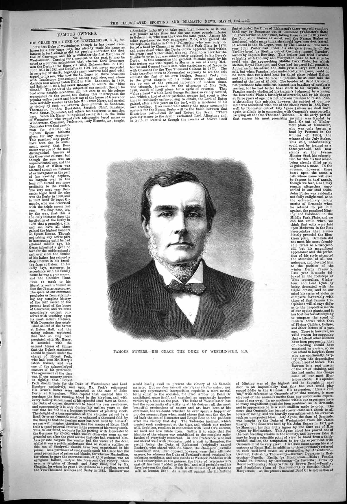 Original Old Antique Print 1887 Portrait Famous Horse Owner Duke Westminster