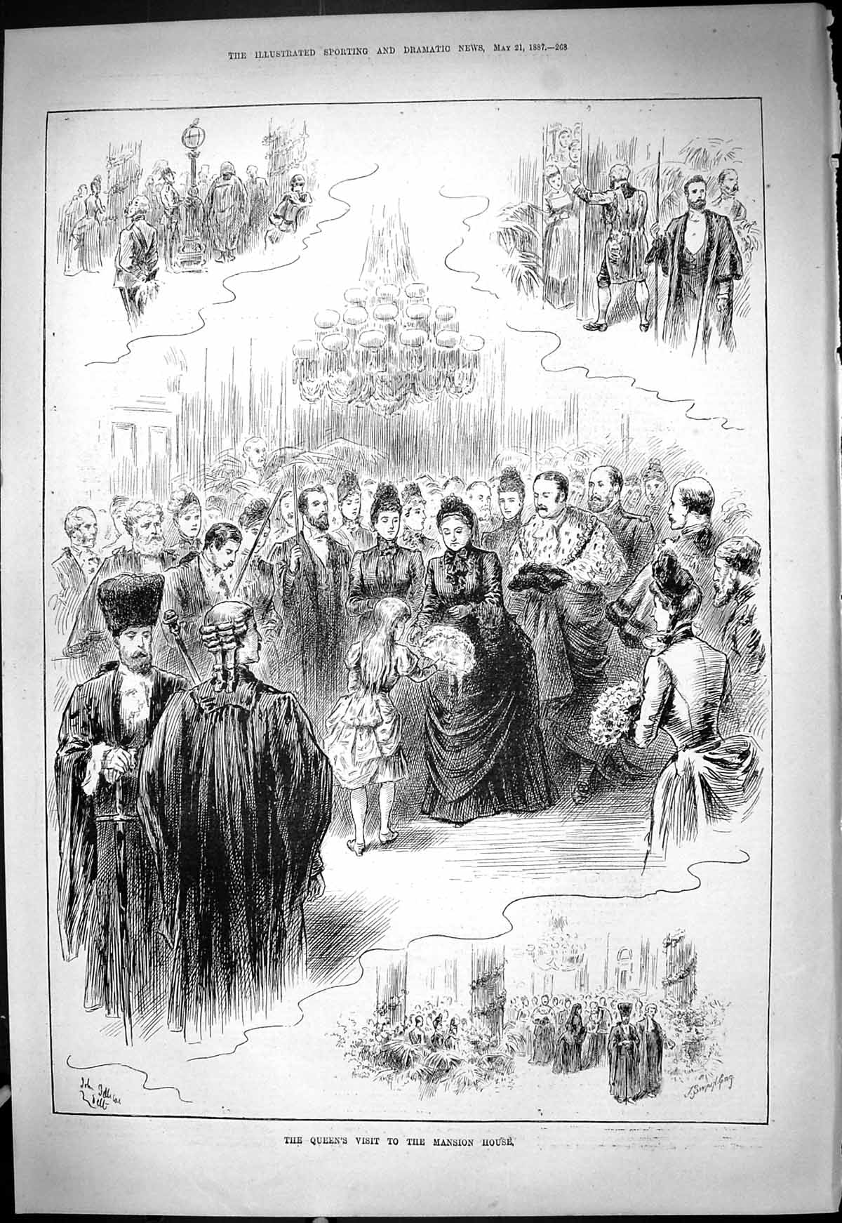 Old Antique Print 1887 Queen Victoria Visit Mansion House England Swain 19th