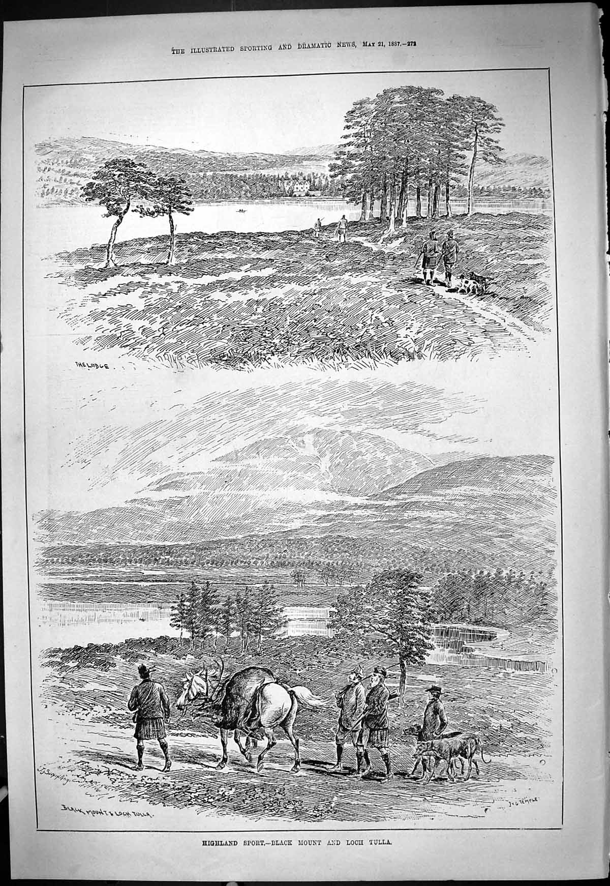 Antique Old Print 1887 Highland Sport Black Mount Loch Tulla Hunting Lodge 19th