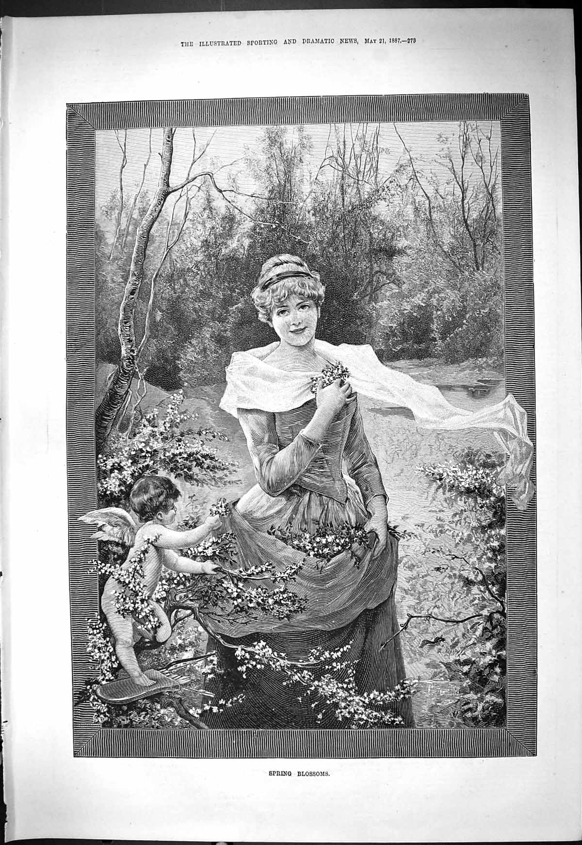 Original Old Antique Print 1887 Spring Blossoms Beautiful Woman Flowers 19th